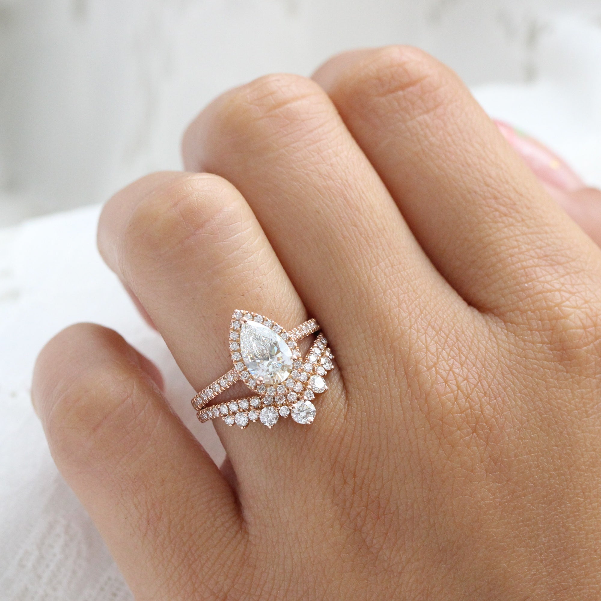 lab diamond ring stack rose gold pear diamond halo engagement ring set La More Design Jewelry