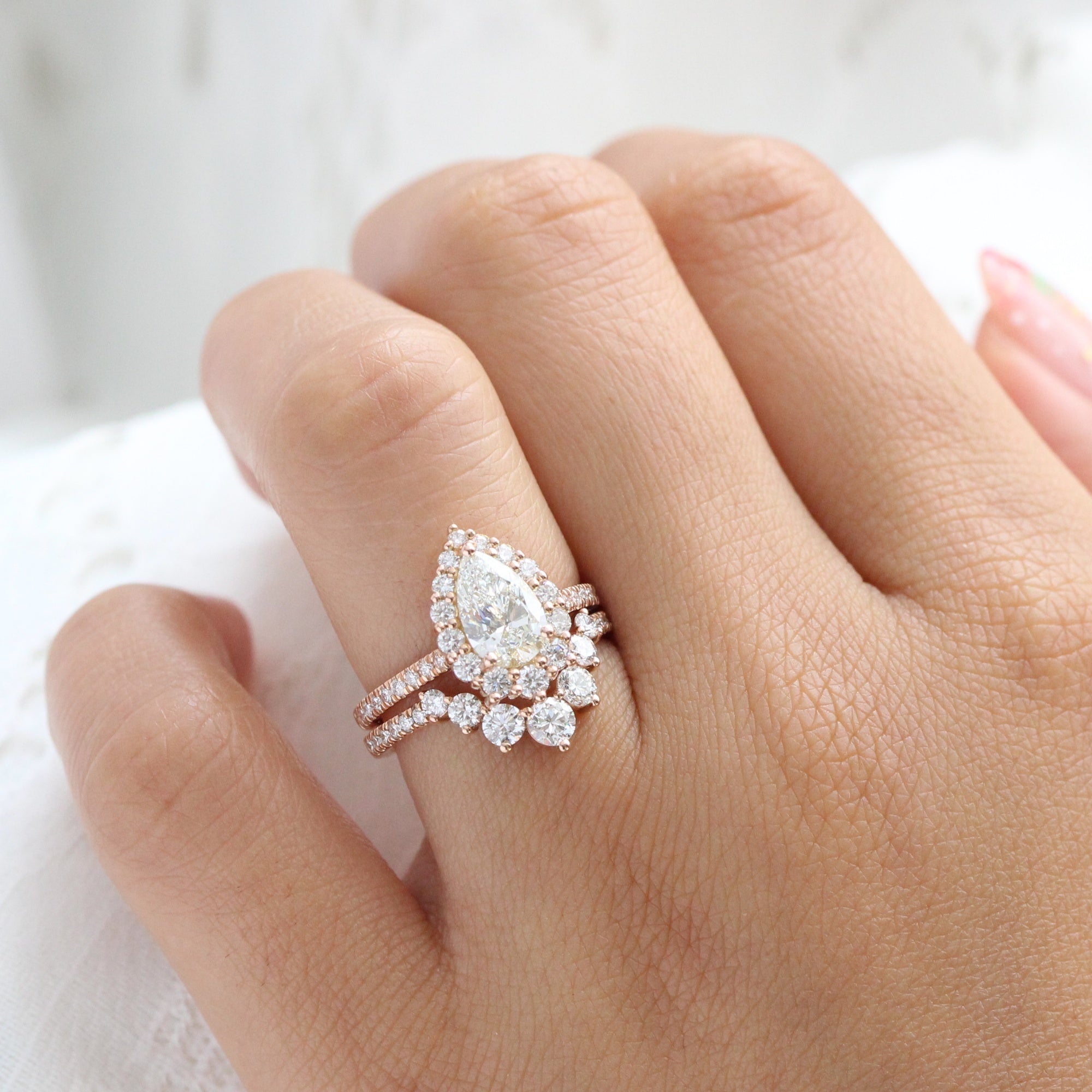 lab diamond ring stack rose gold pear diamond halo engagement ring set La More Design Jewelry