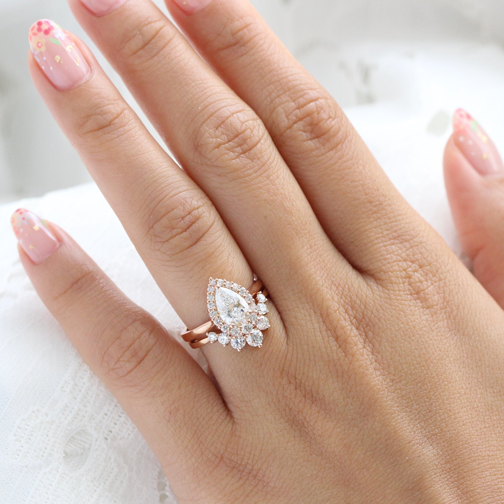 lab diamond ring stack rose gold pear diamond halo engagement ring set La More Design Jewelry