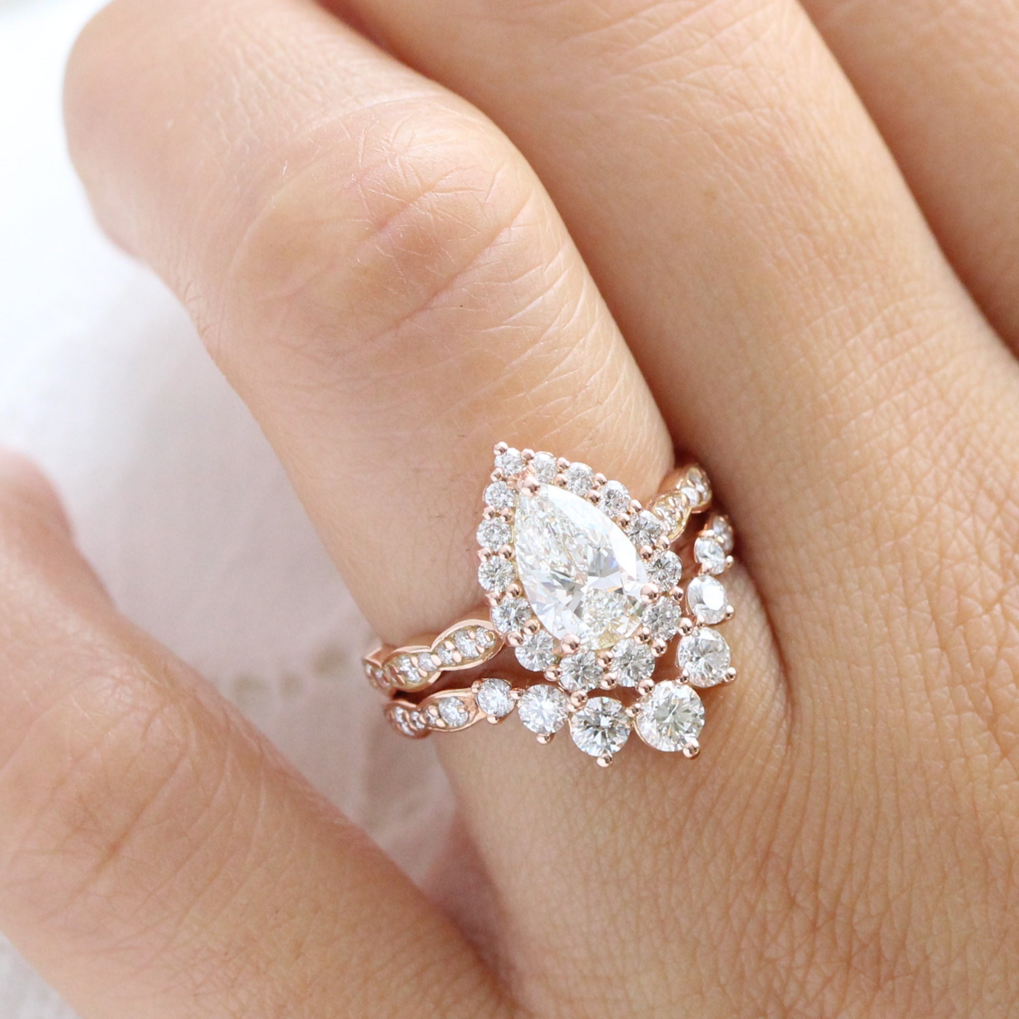 lab diamond ring stack rose gold pear diamond halo engagement ring set La More Design Jewelry