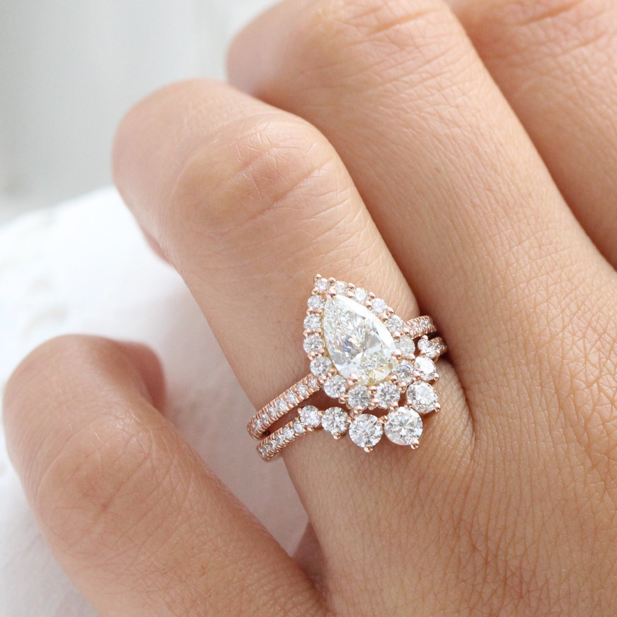 lab diamond ring stack rose gold pear diamond halo engagement ring set La More Design Jewelry