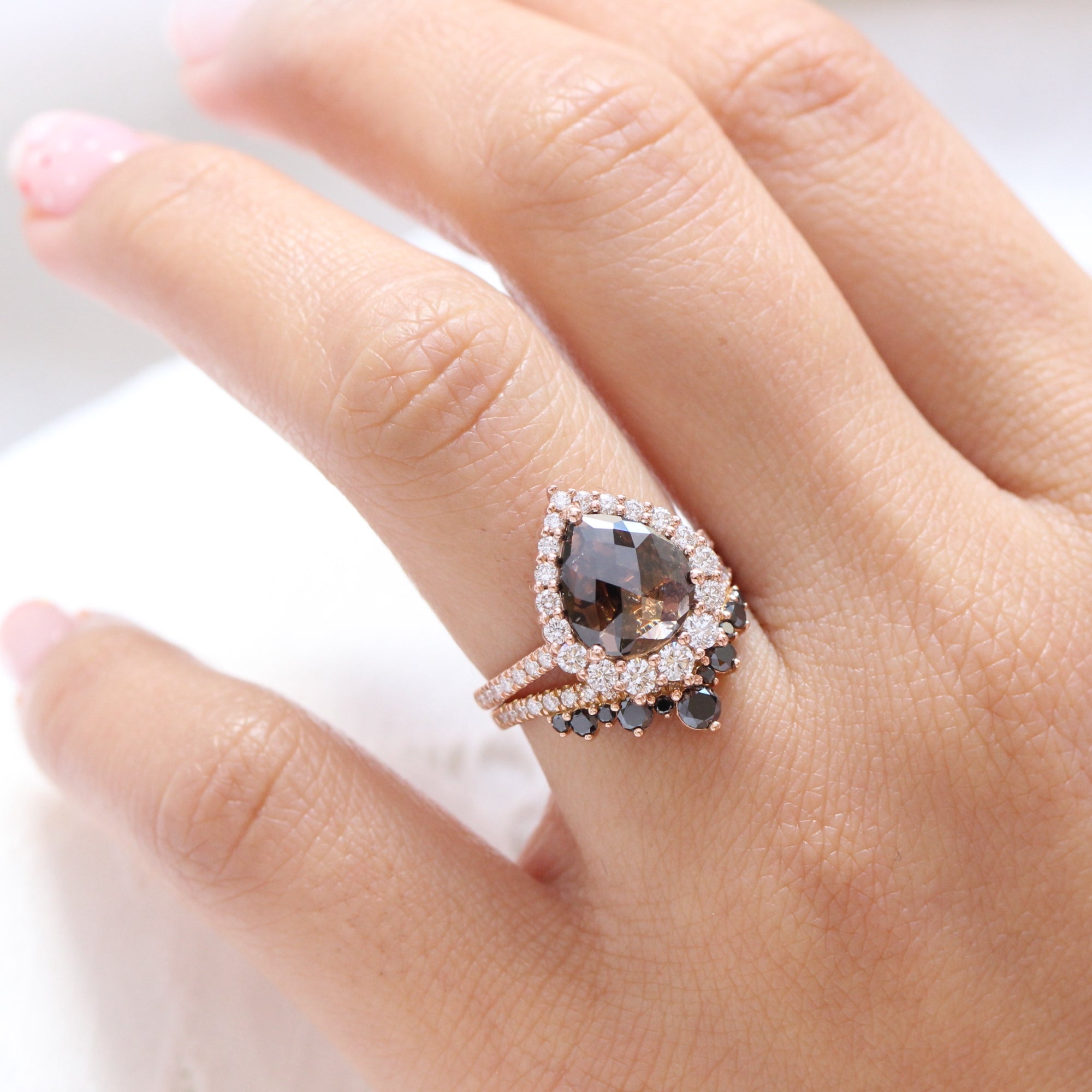 large champagne diamond ring rose gold halo pear ring la more design jewelry