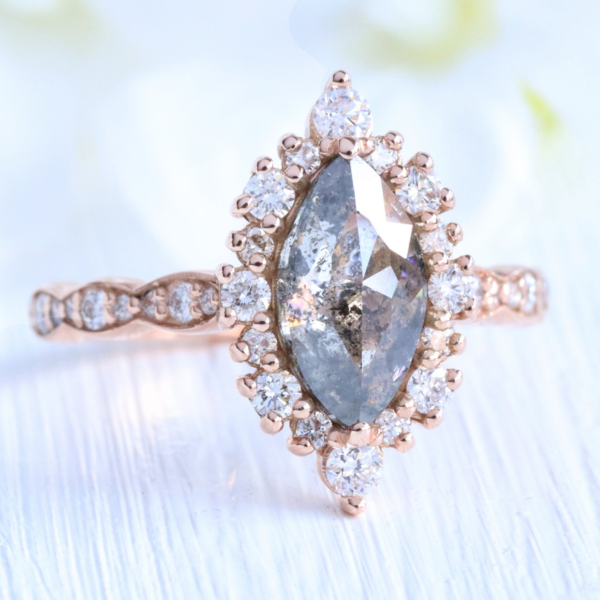 large marquise salt and pepper diamond engagement ring rose gold halo diamond ring la more design jewelry