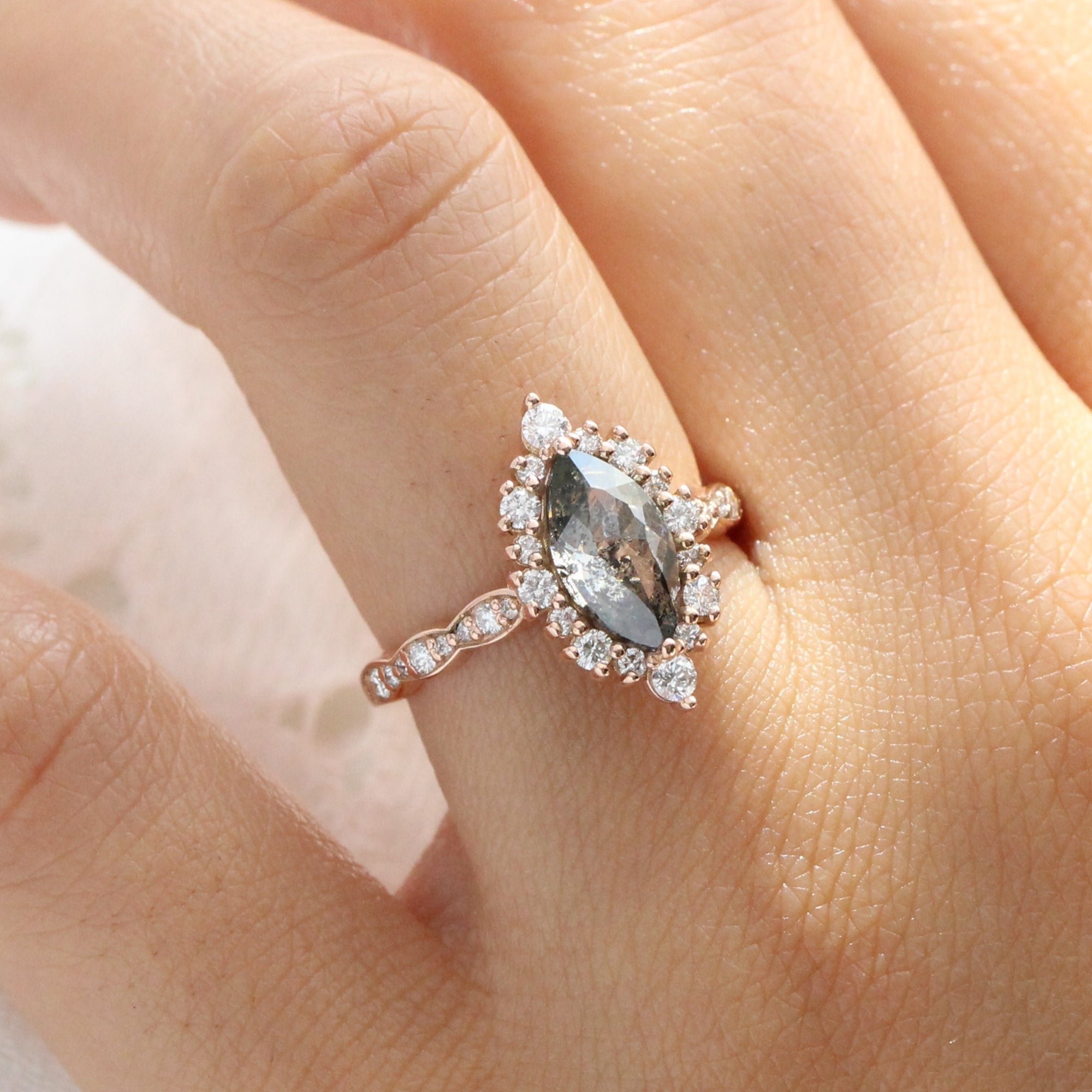 large marquise salt and pepper diamond engagement ring rose gold halo diamond ring la more design jewelry