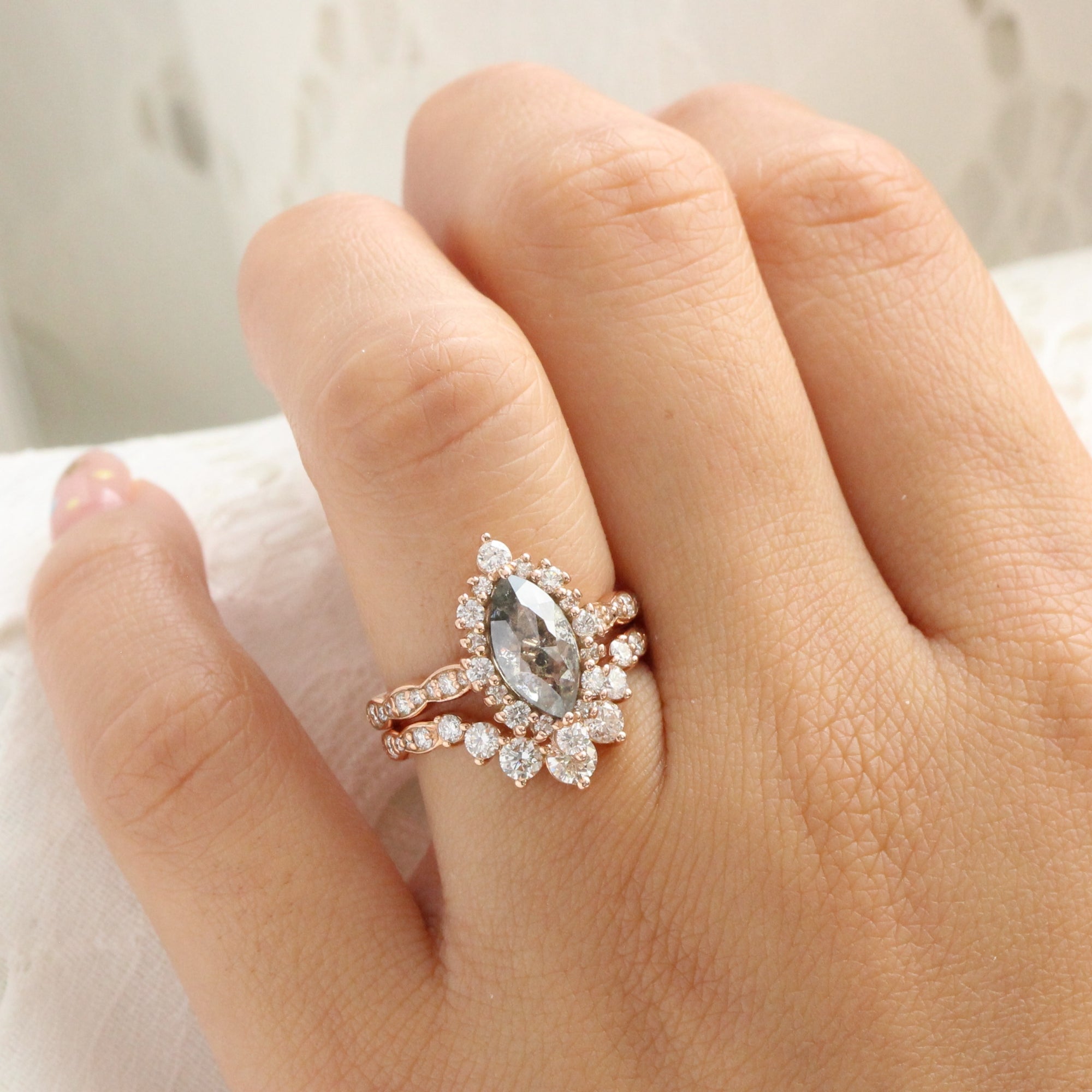 large marquise salt and pepper diamond engagement ring rose gold halo diamond ring la more design jewelry