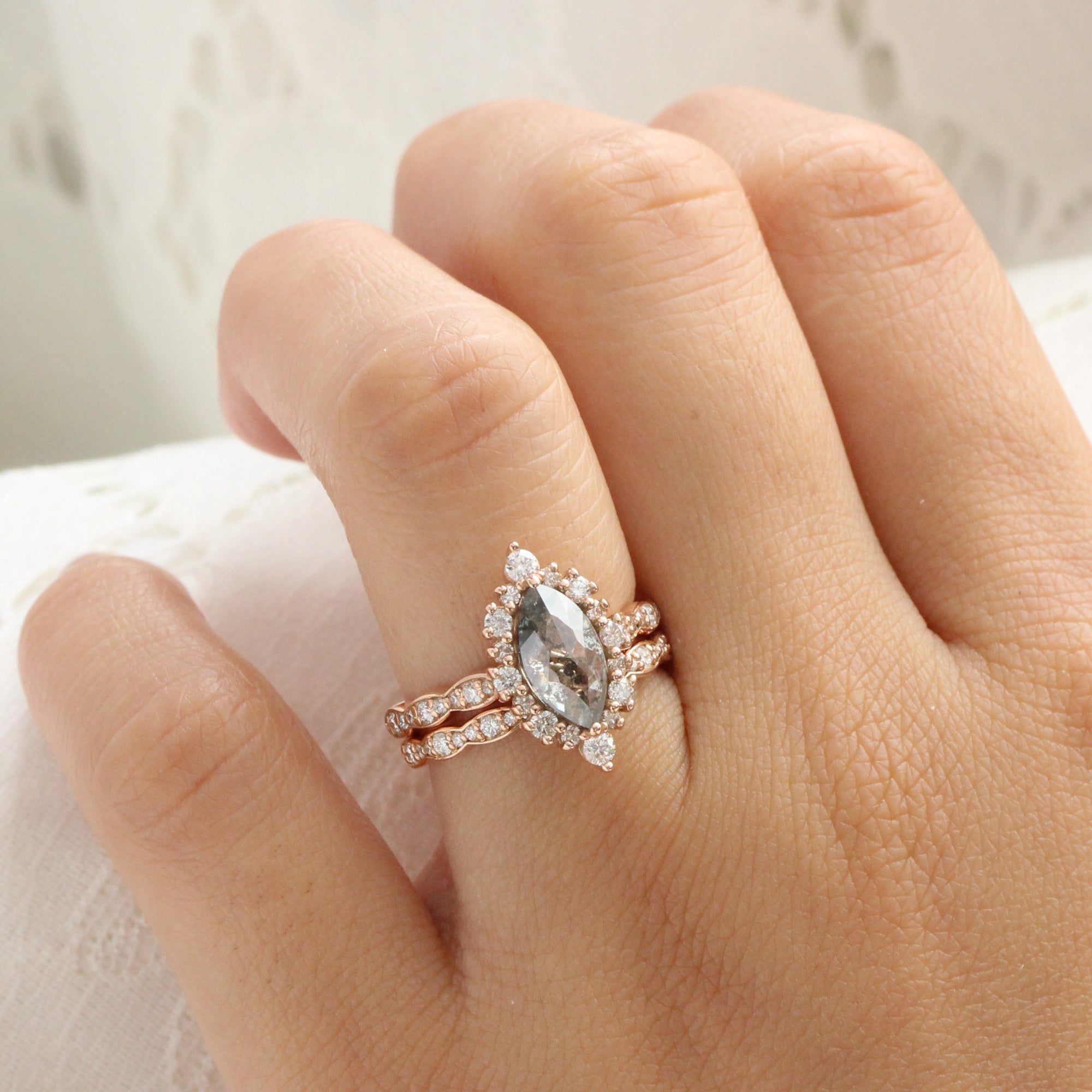 large marquise salt and pepper diamond engagement ring rose gold halo diamond ring la more design jewelry