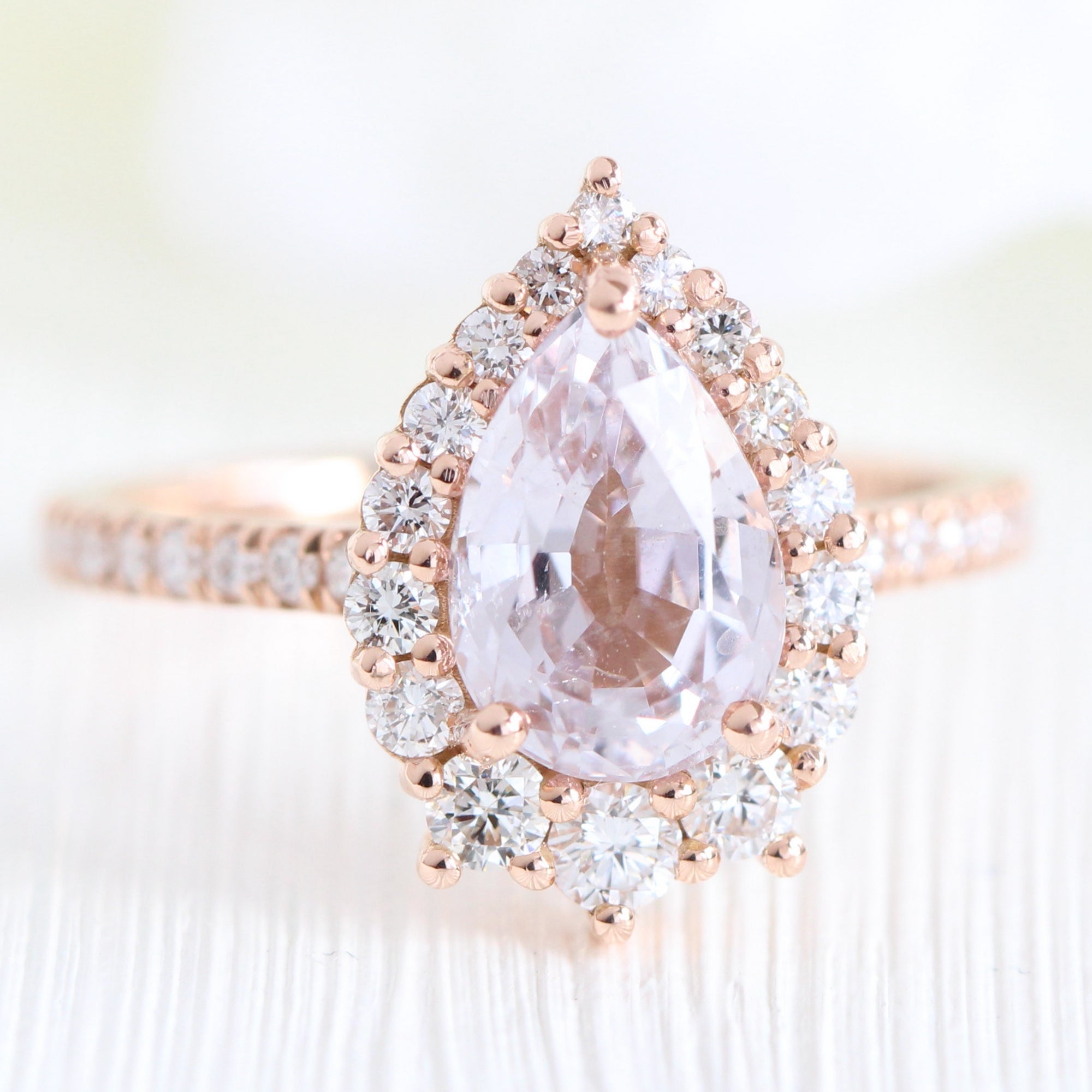 lavender sapphire ring rose gold halo diamond pear ring la more design jewelry