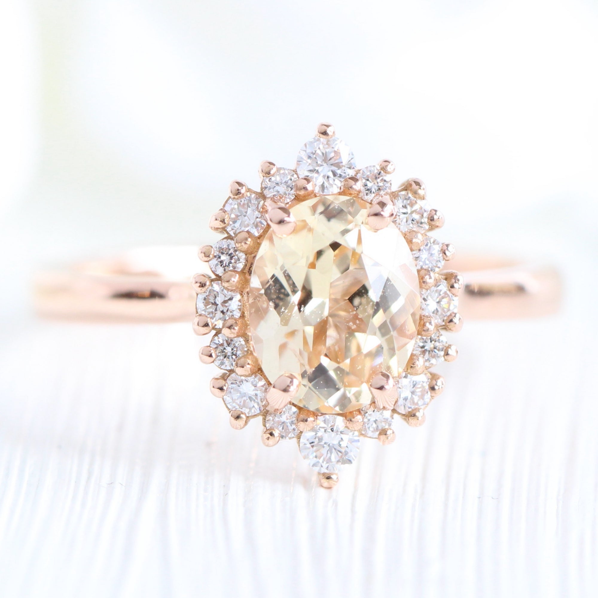 light champagne sapphire ring rose gold halo diamond ring la more design jewelry