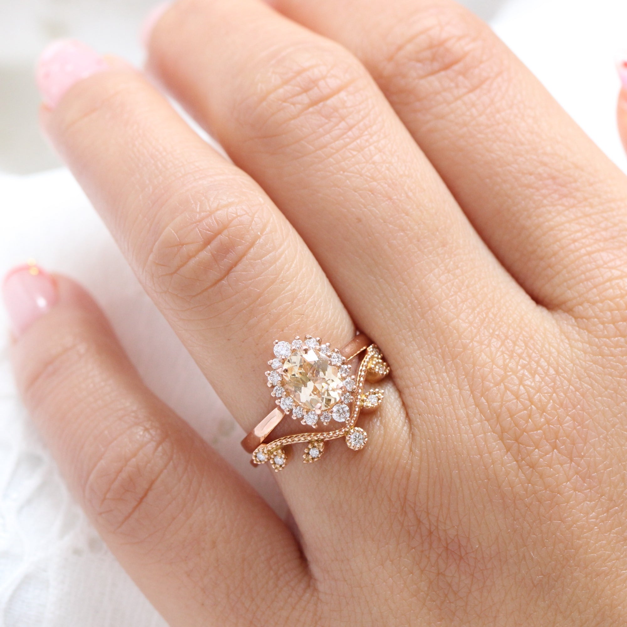 light champagne sapphire ring rose gold halo diamond ring la more design jewelry