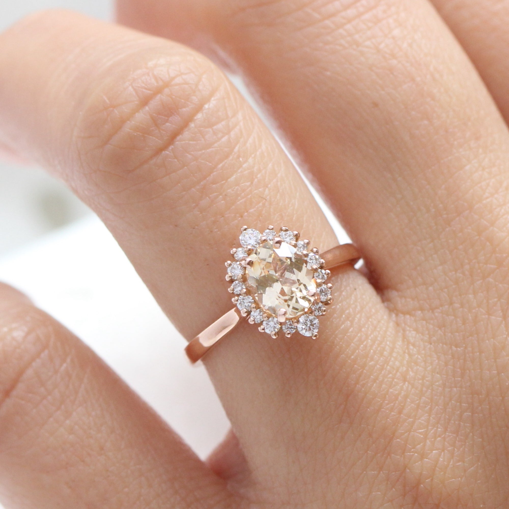 light champagne sapphire ring rose gold halo diamond ring la more design jewelry