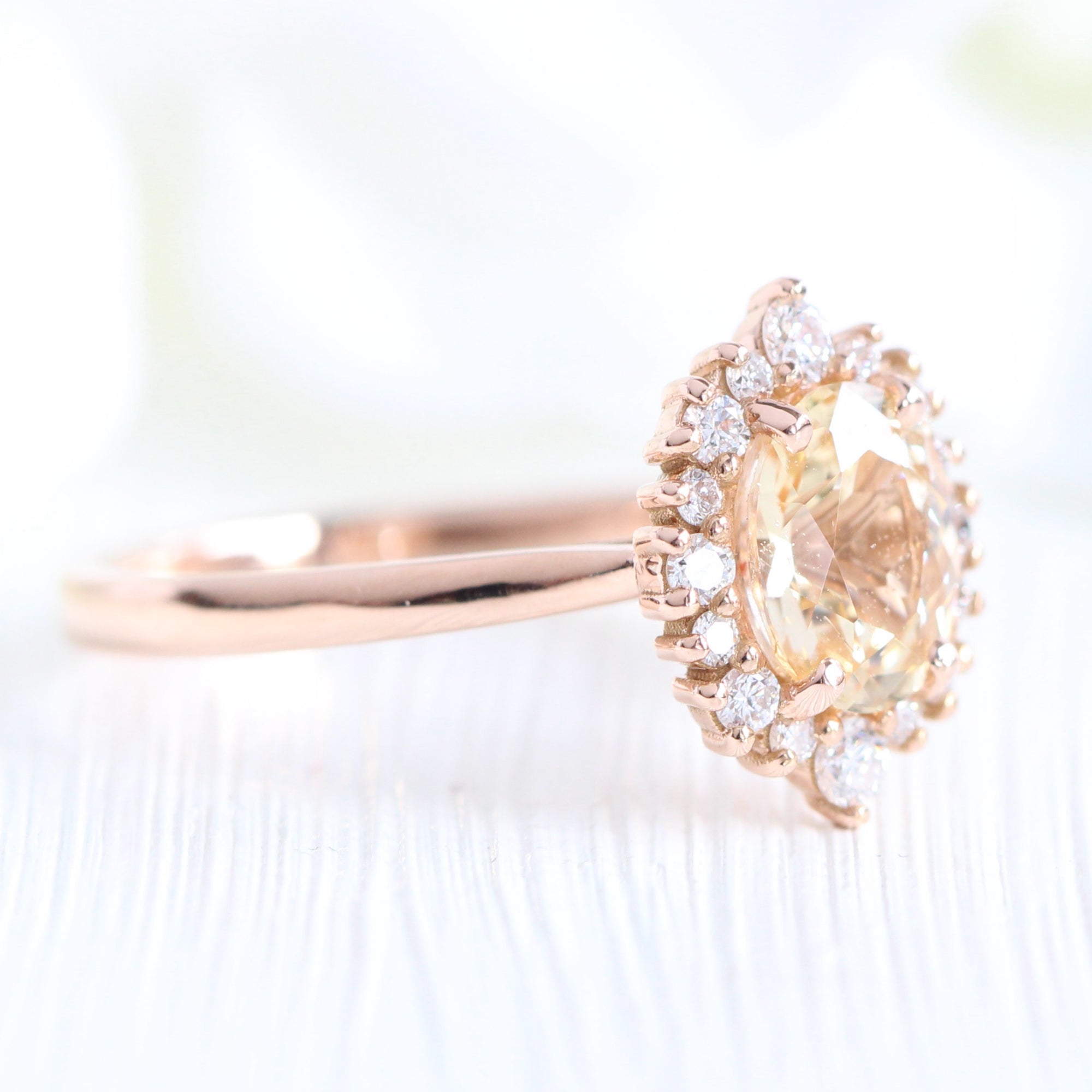 light champagne sapphire ring rose gold halo diamond ring la more design jewelry