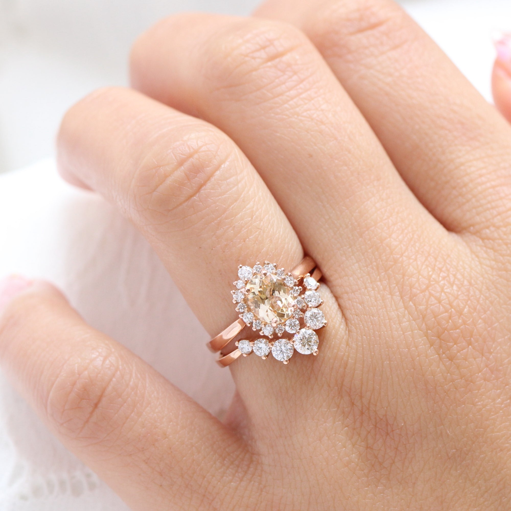 light champagne sapphire ring rose gold halo diamond ring la more design jewelry