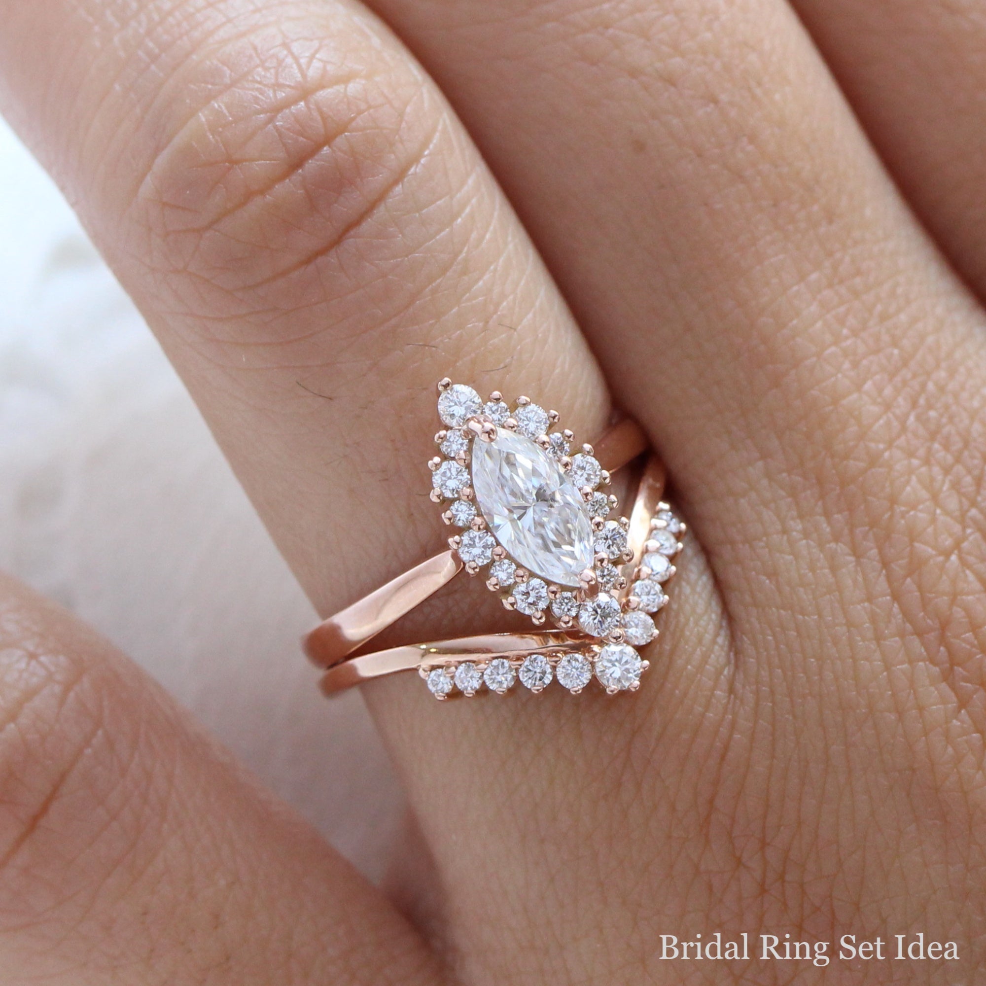 marquise moissanite engagement ring rose gold halo diamond chevron wedding ring bridal set la more design jewelry