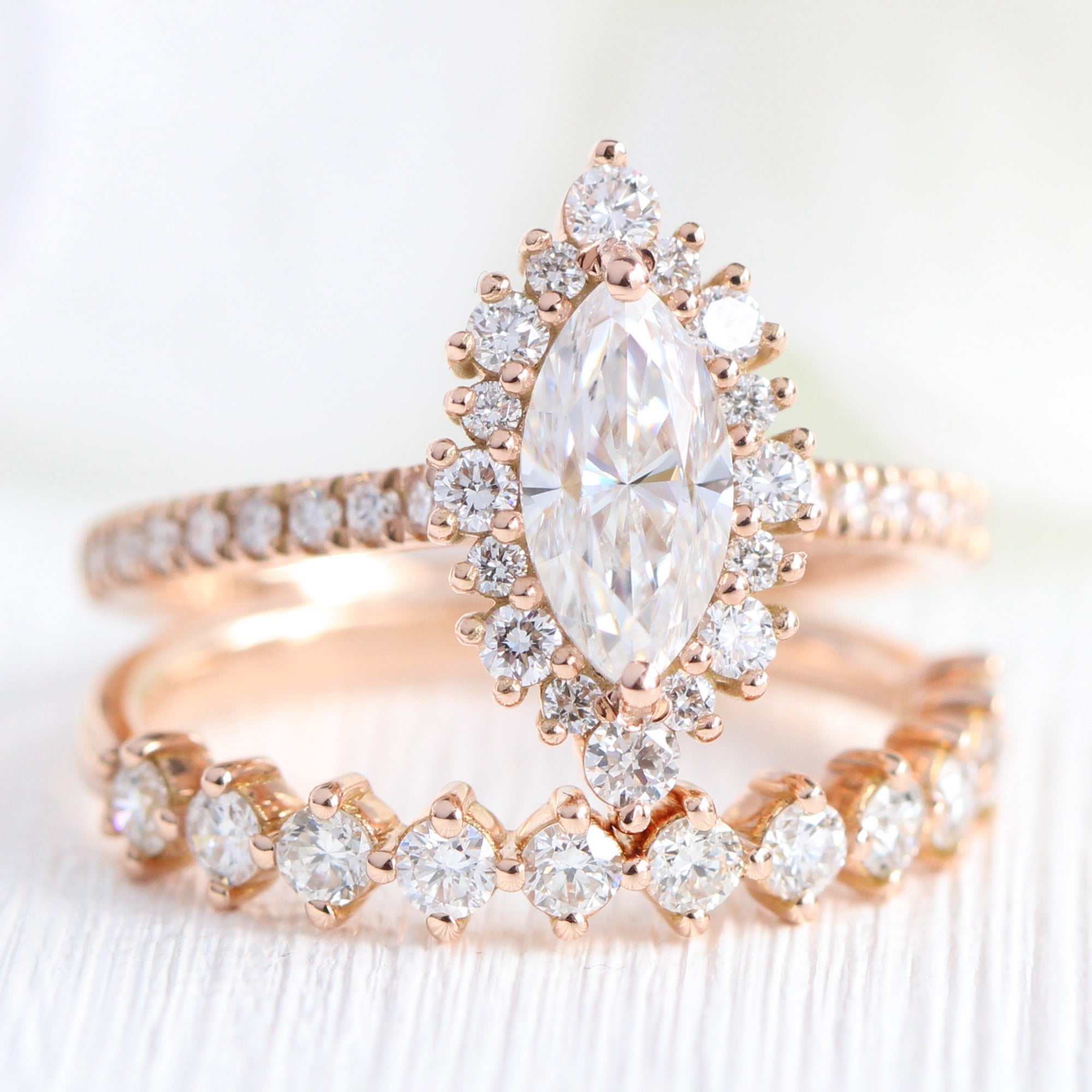 marquise moissanite engagement ring rose gold halo diamond pave wedding band bridal set la more design jewelry