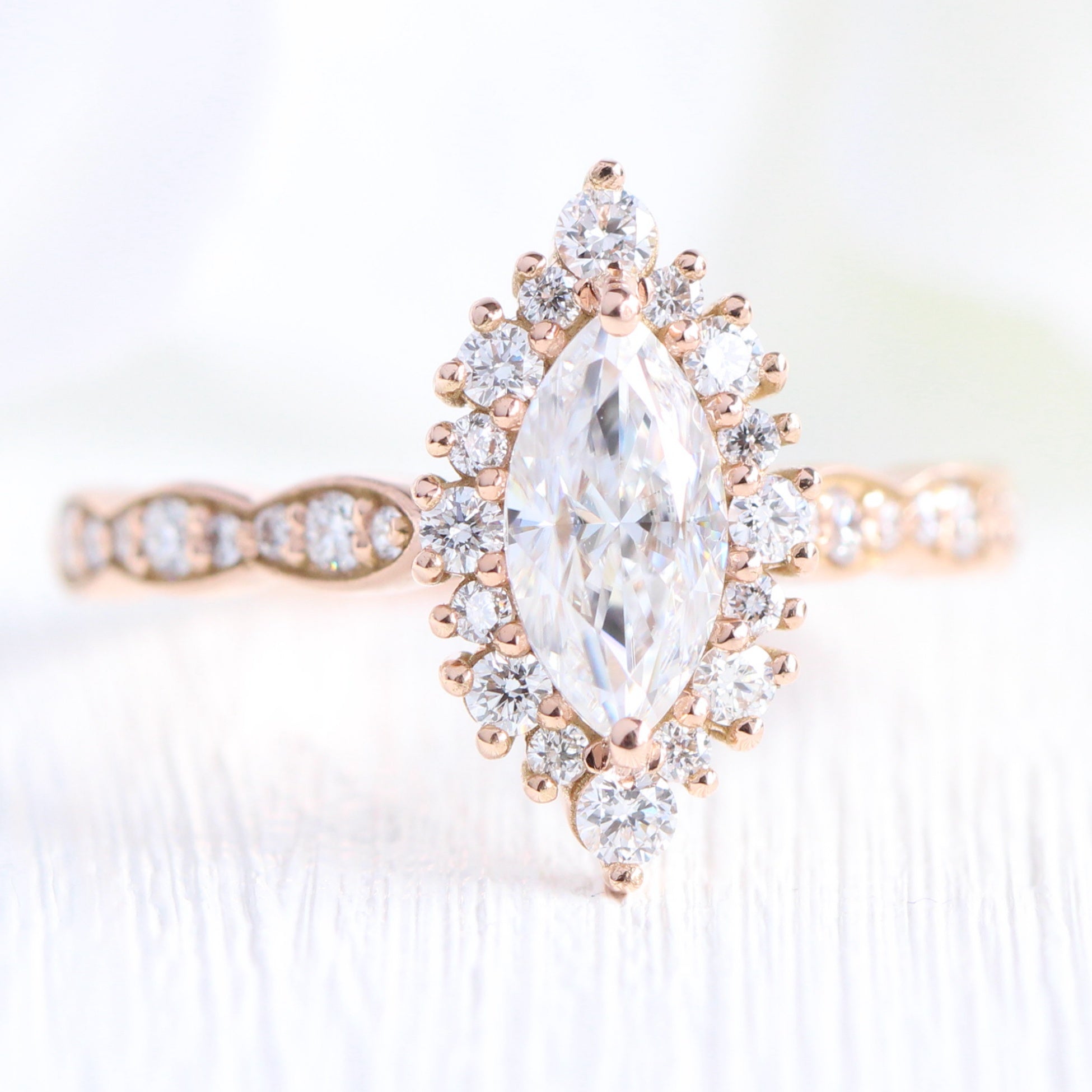 marquise moissanite engagement ring rose gold halo diamond scalloped band la more design jewelry