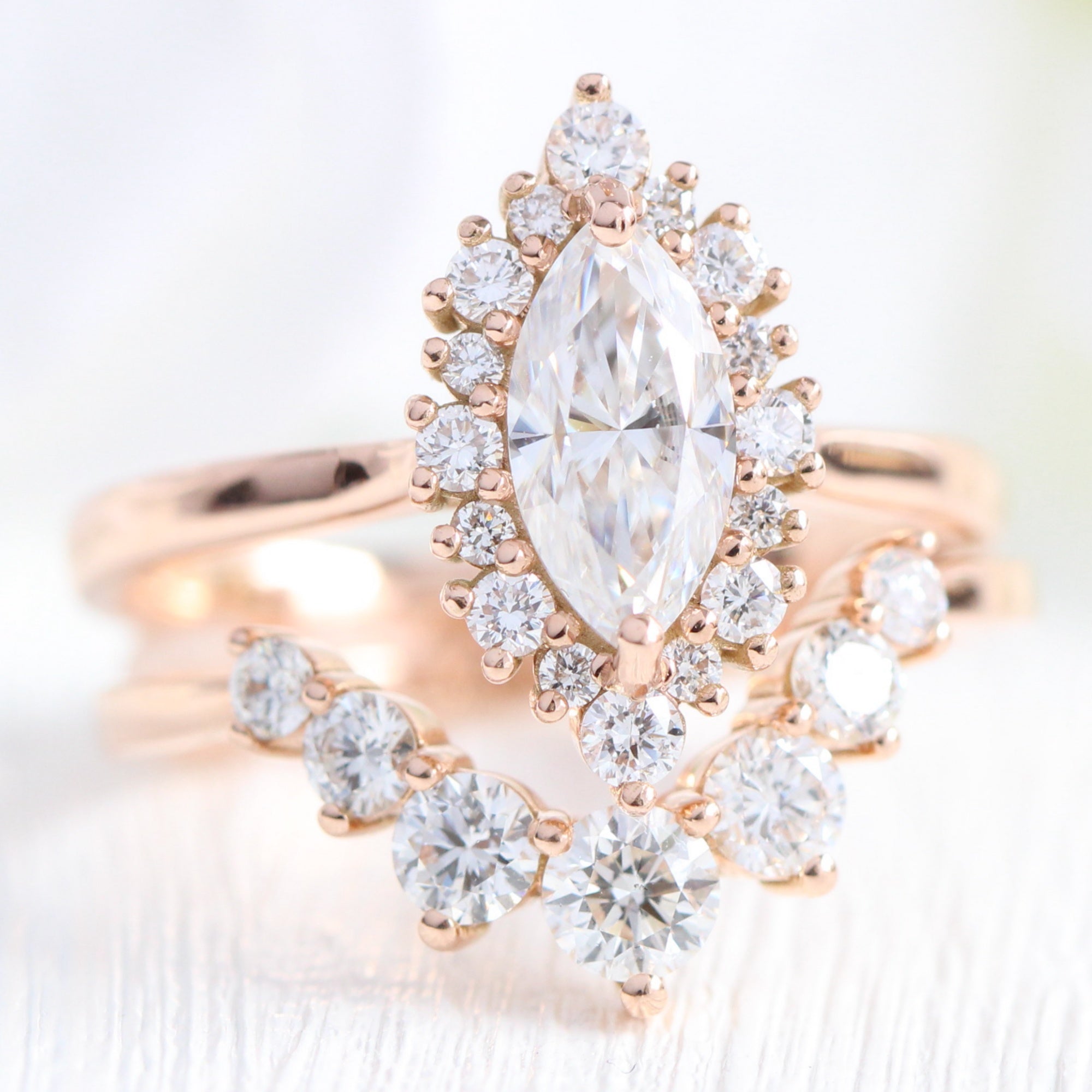 marquise moissanite engagement ring rose gold halo diamond wedding ring bridal set la more design jewelry