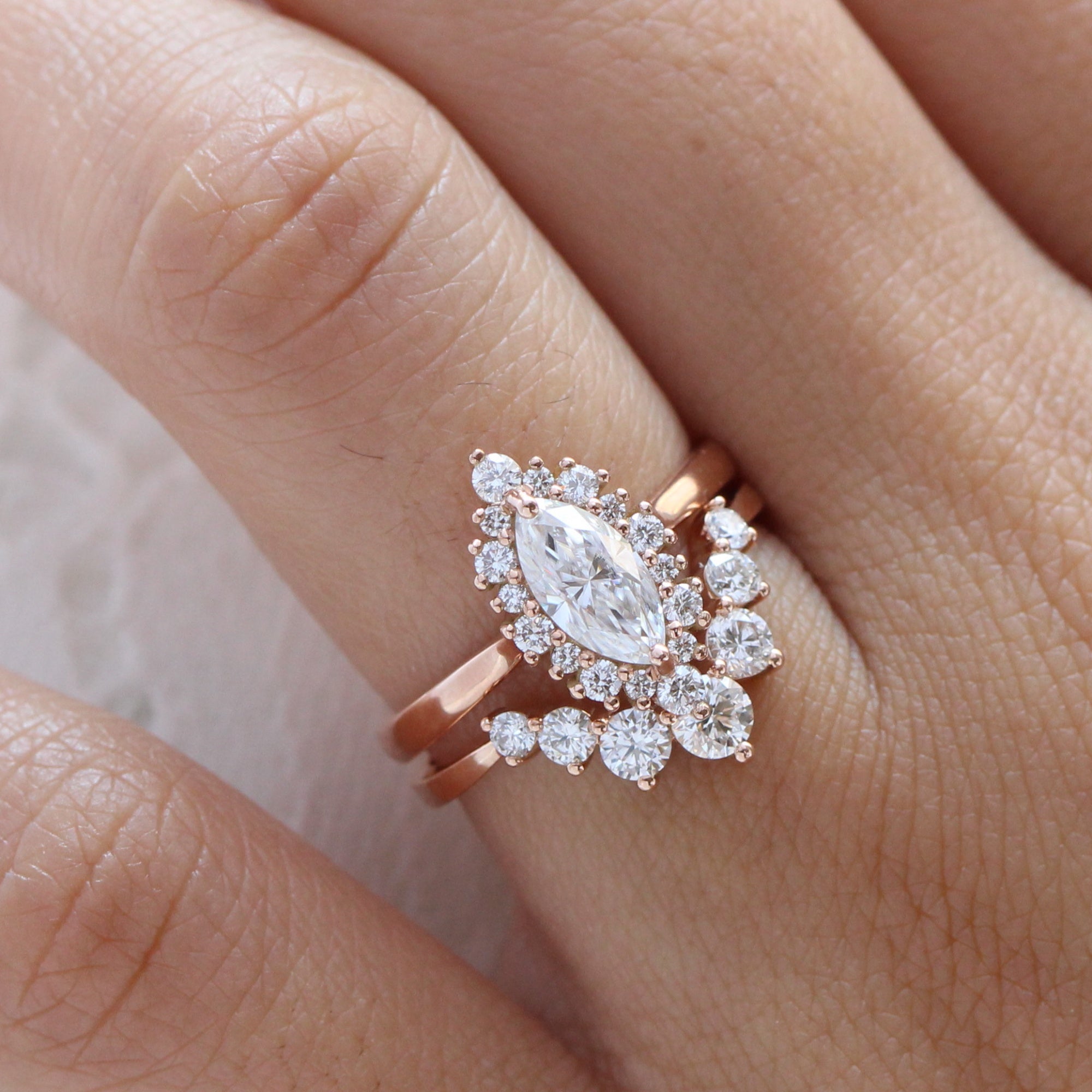 marquise moissanite engagement ring rose gold halo diamond wedding ring bridal set la more design jewelry