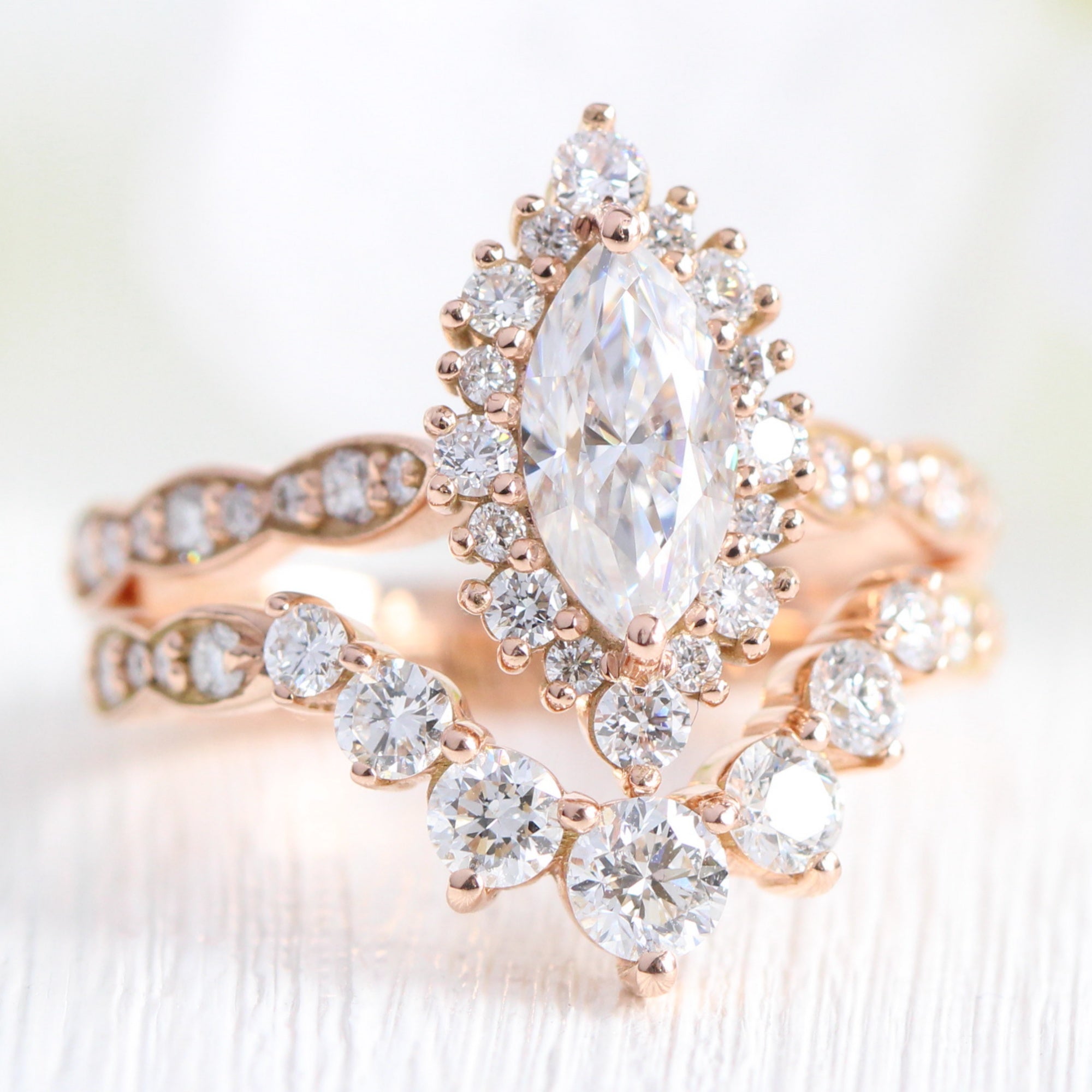 marquise moissanite halo engagement ring rose gold large diamond wedding band bridal set la more design jewelry