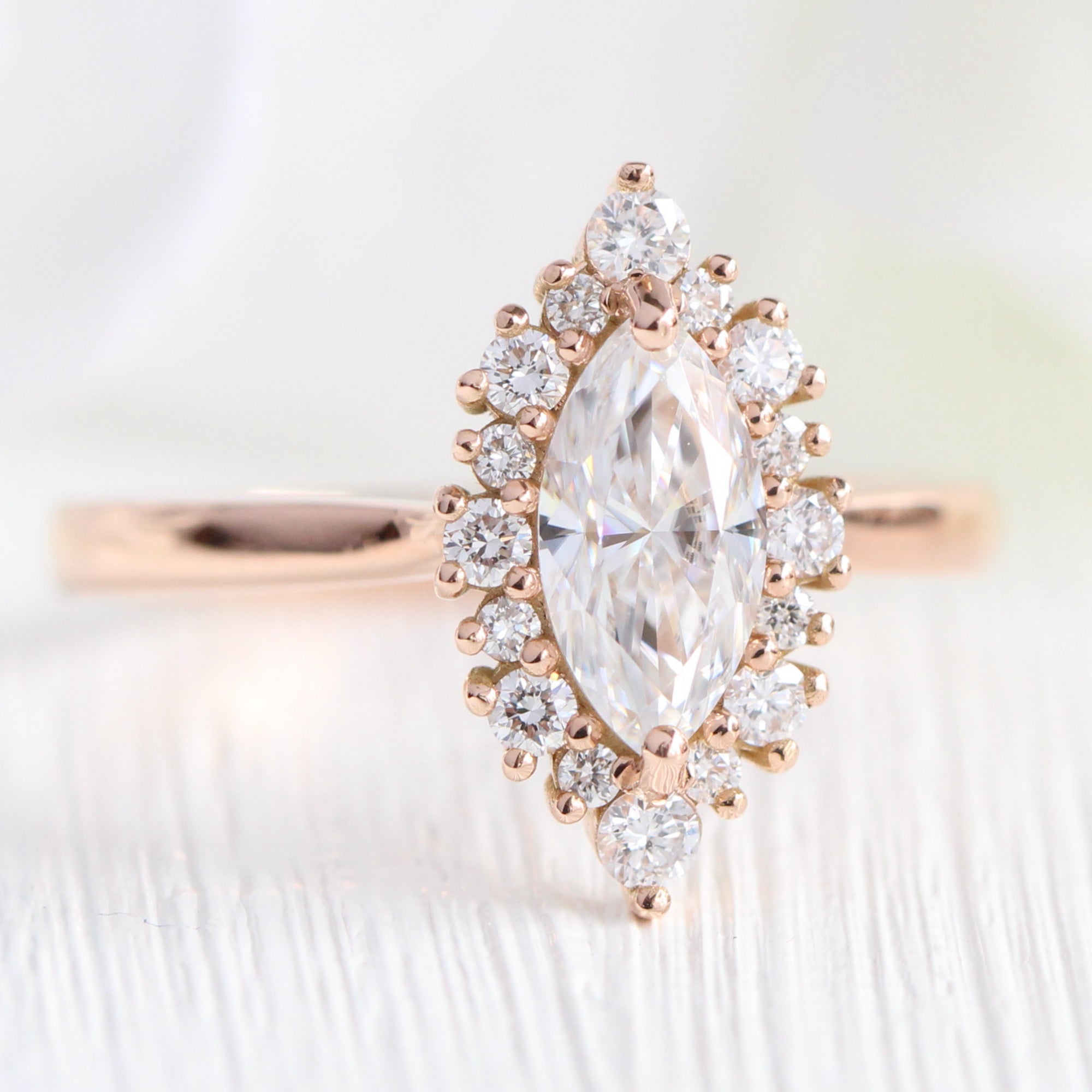 marquise moissanite ring rose gold tiara halo diamond engagement ring la more design jewelry