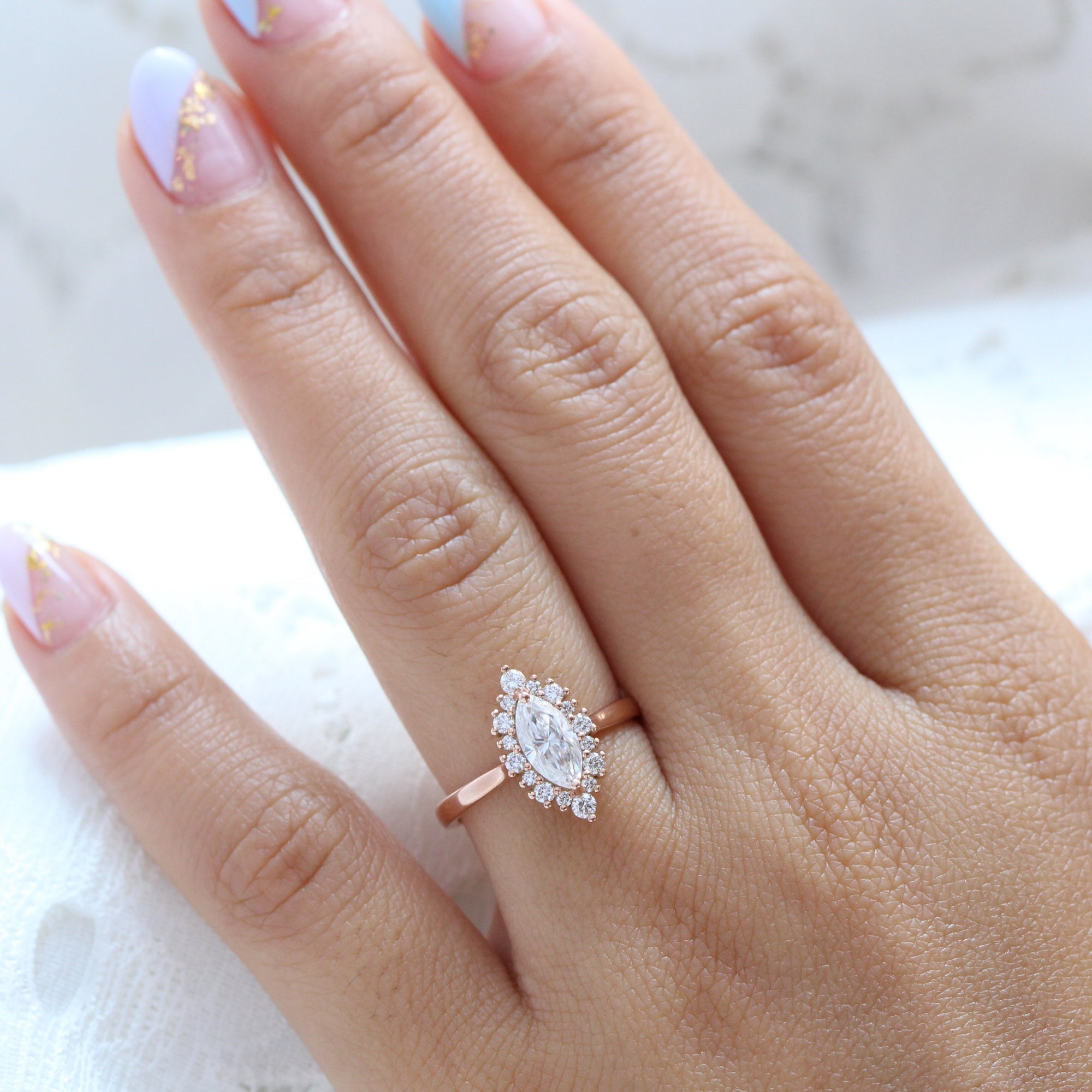 marquise moissanite ring rose gold tiara halo diamond engagement ring la more design jewelry