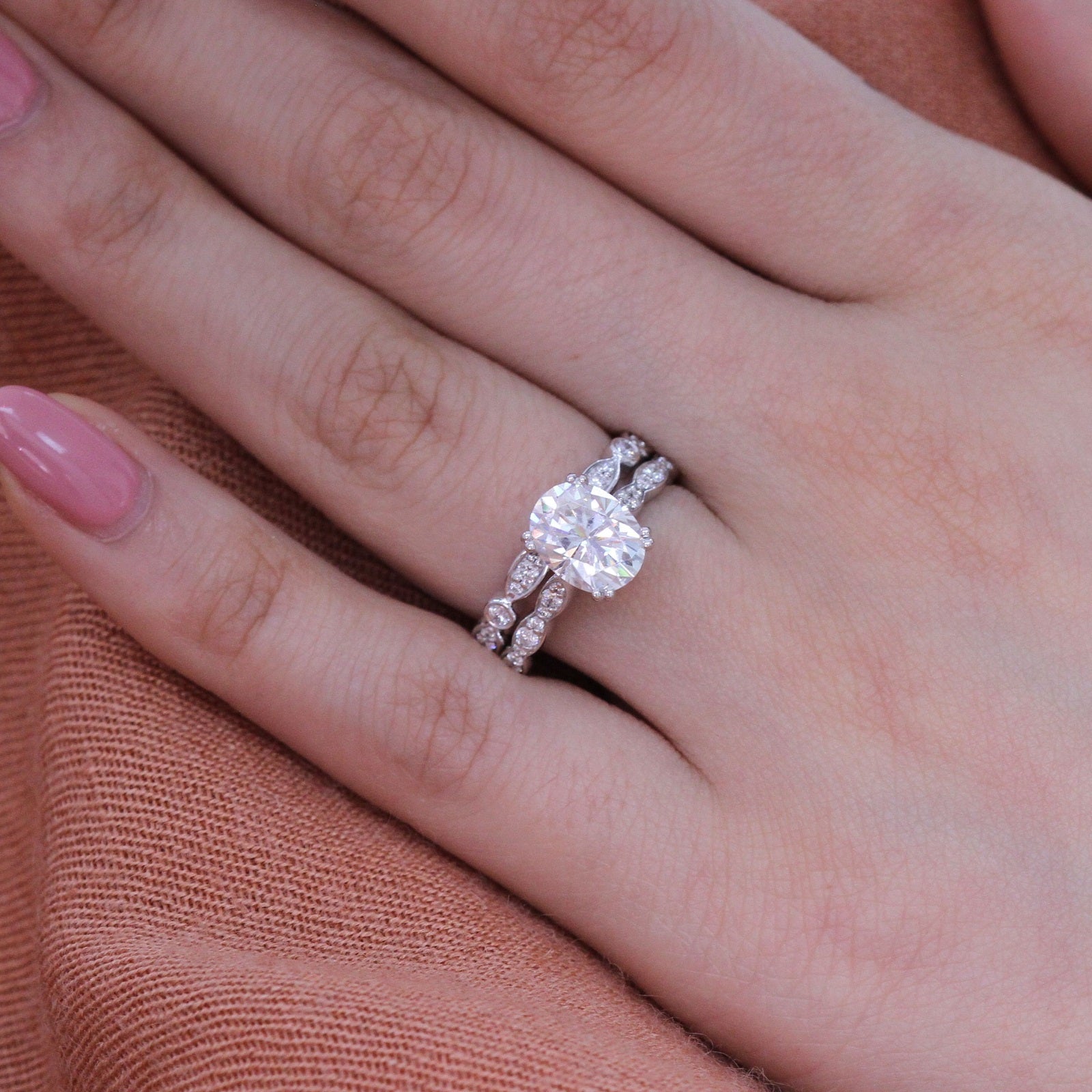 solitaire moissanite ring bridal set in white gold scalloped diamond band by la more design