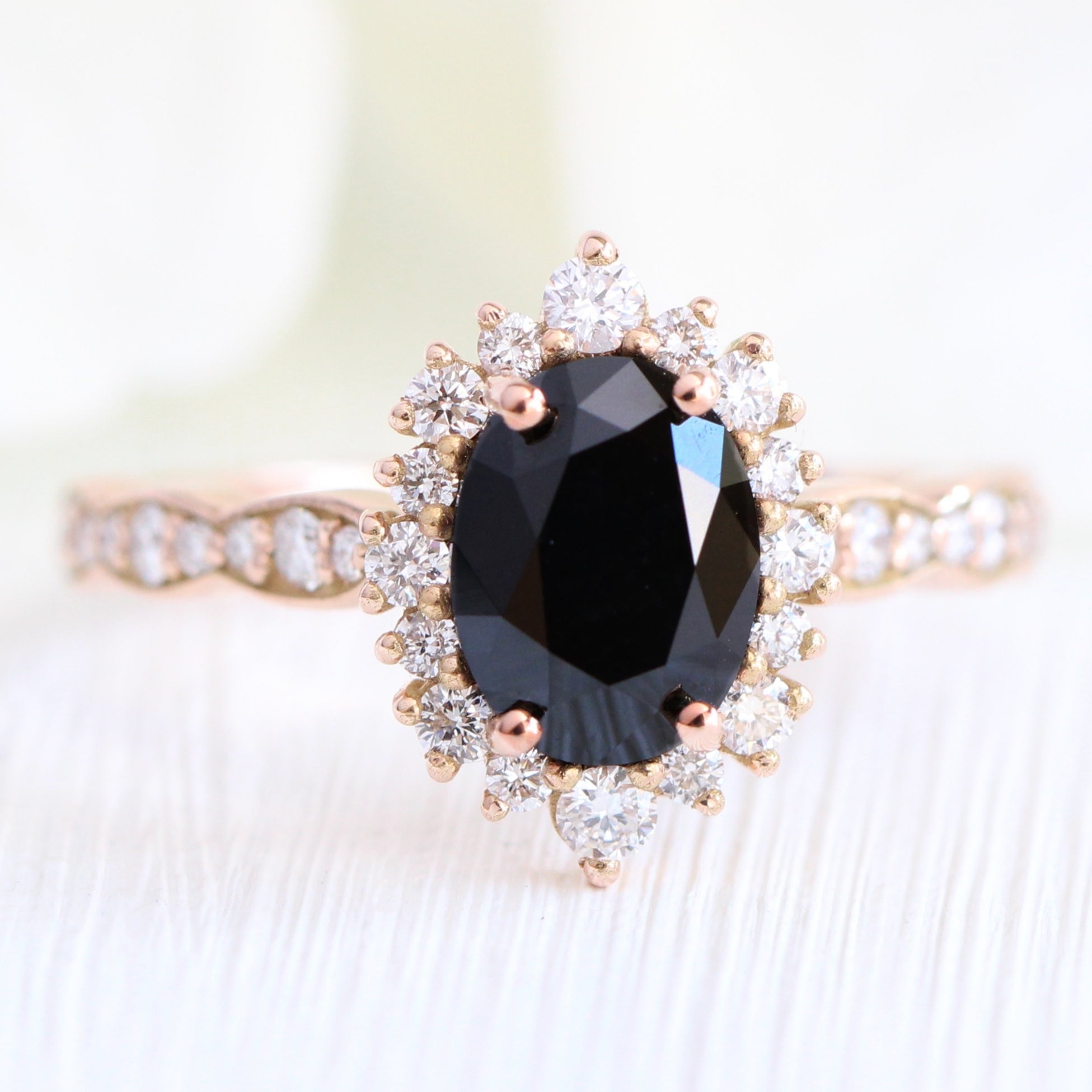 Black Diamond Engagement Ring Rose Gold Cluster Halo Diamond Oval