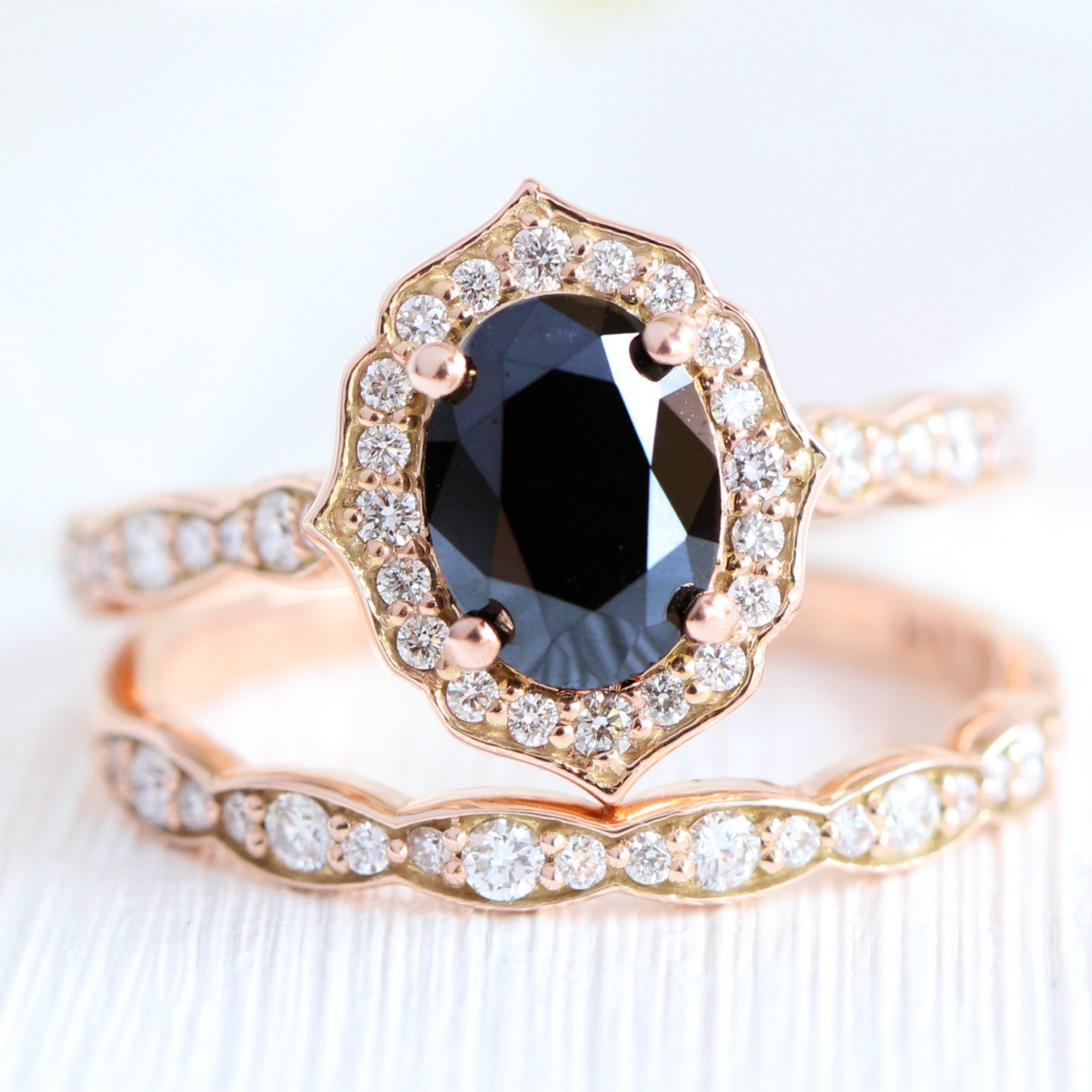 oval black diamond engagement ring rose gold matching diamond wedding band bridal ring set la more design jewelry