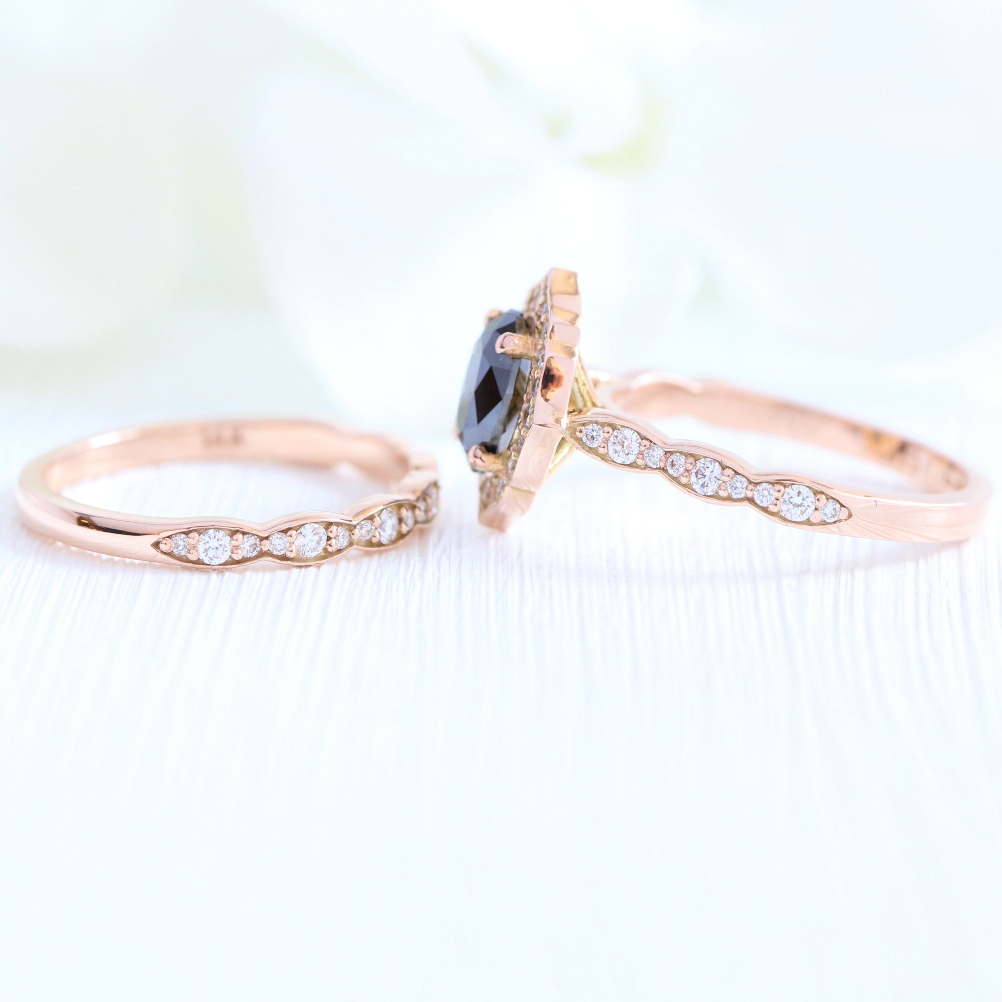 oval black diamond engagement ring rose gold matching diamond wedding band bridal ring set la more design jewelry