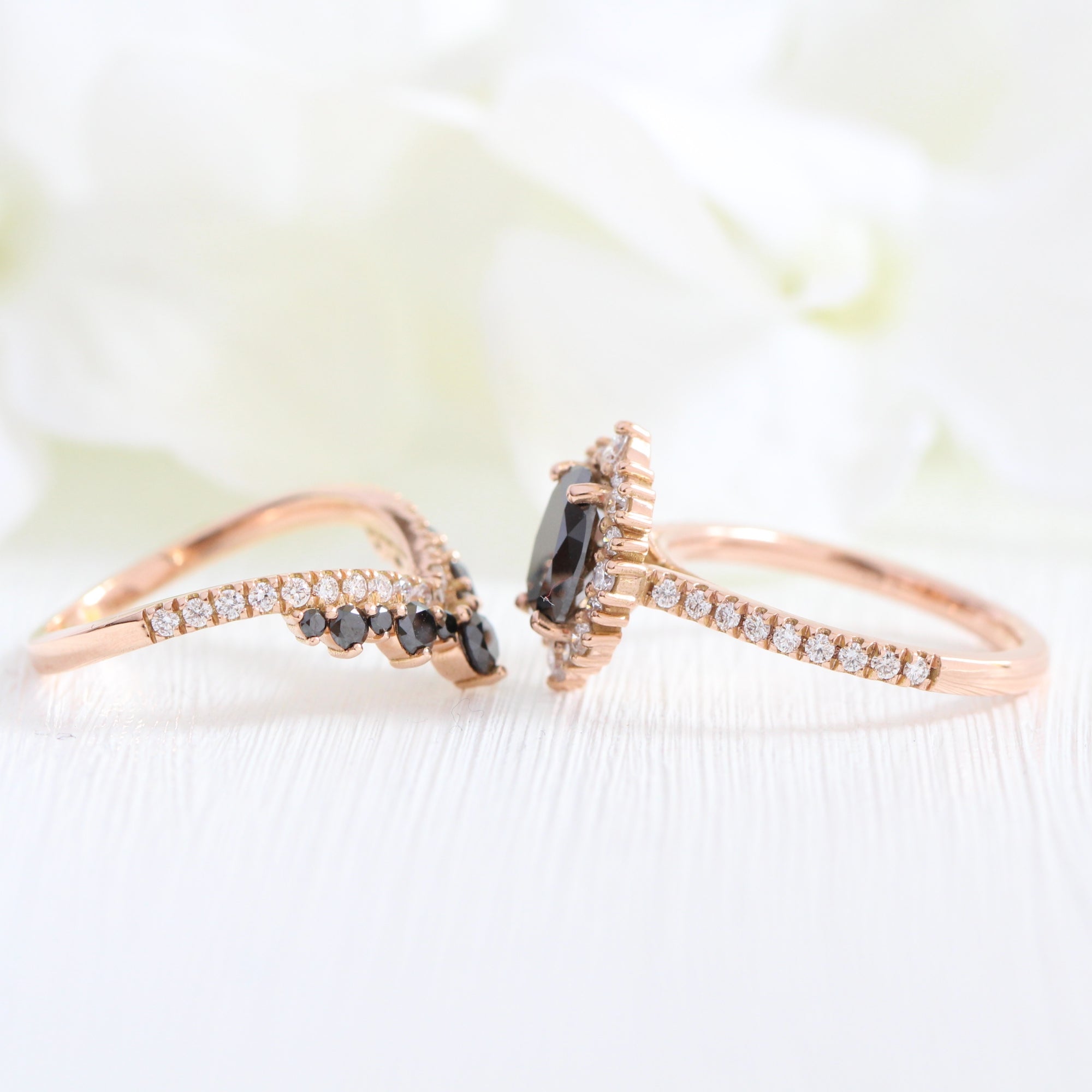 oval black diamond large halo ring rose gold v shaped diamond wedding band bridal set la more design jewelry