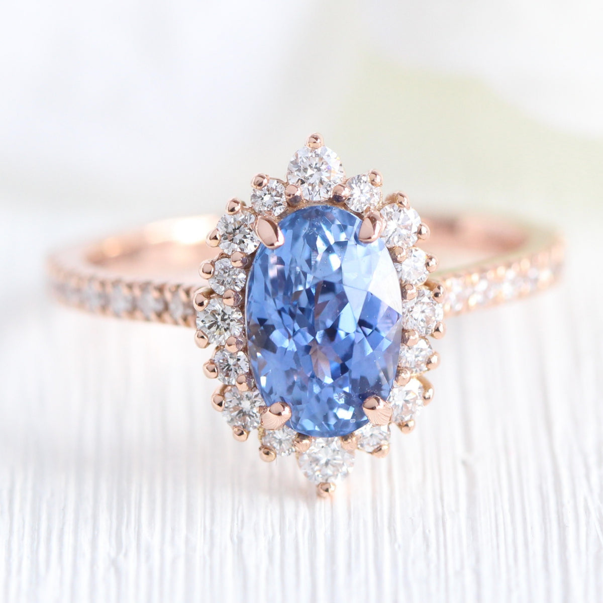 oval ceylon sapphire ring rose gold halo diamond engagement ring la more design jewelry