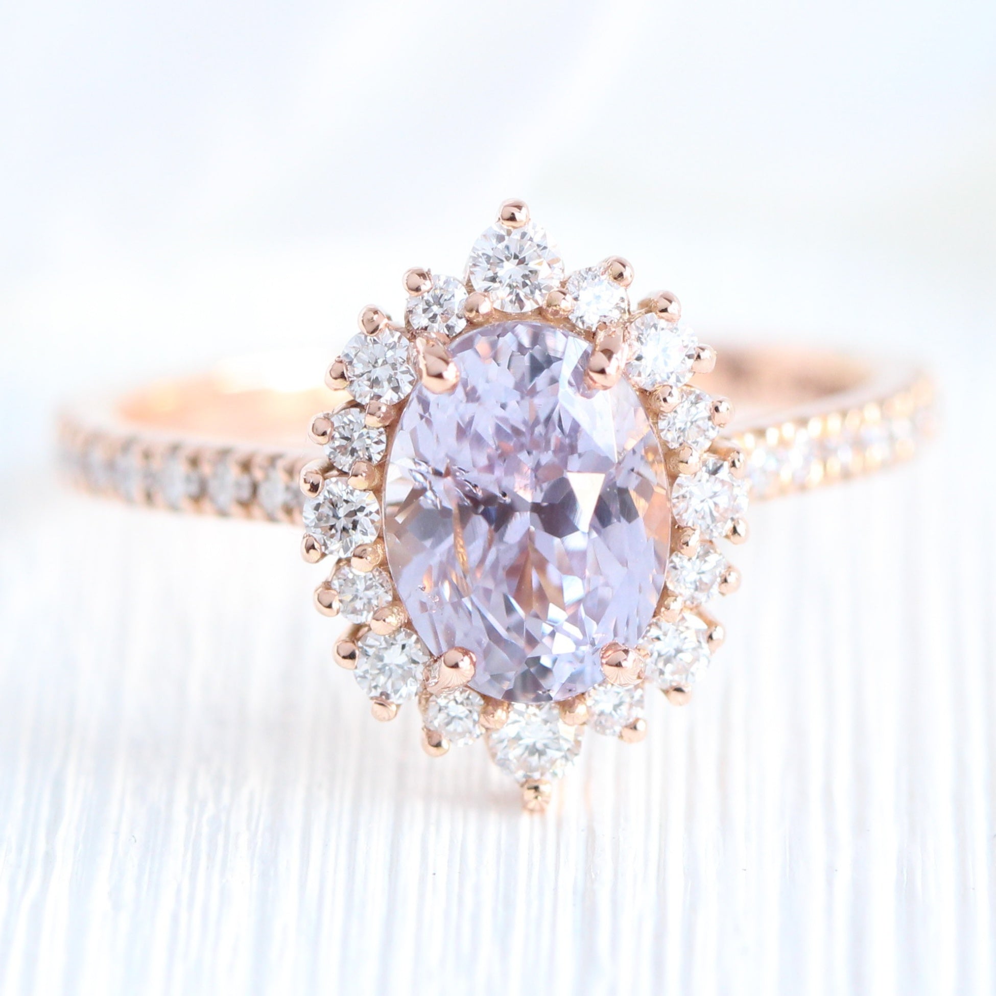 oval lavender sapphire ring rose gold halo diamond ring pave diamond band la more design jewelry