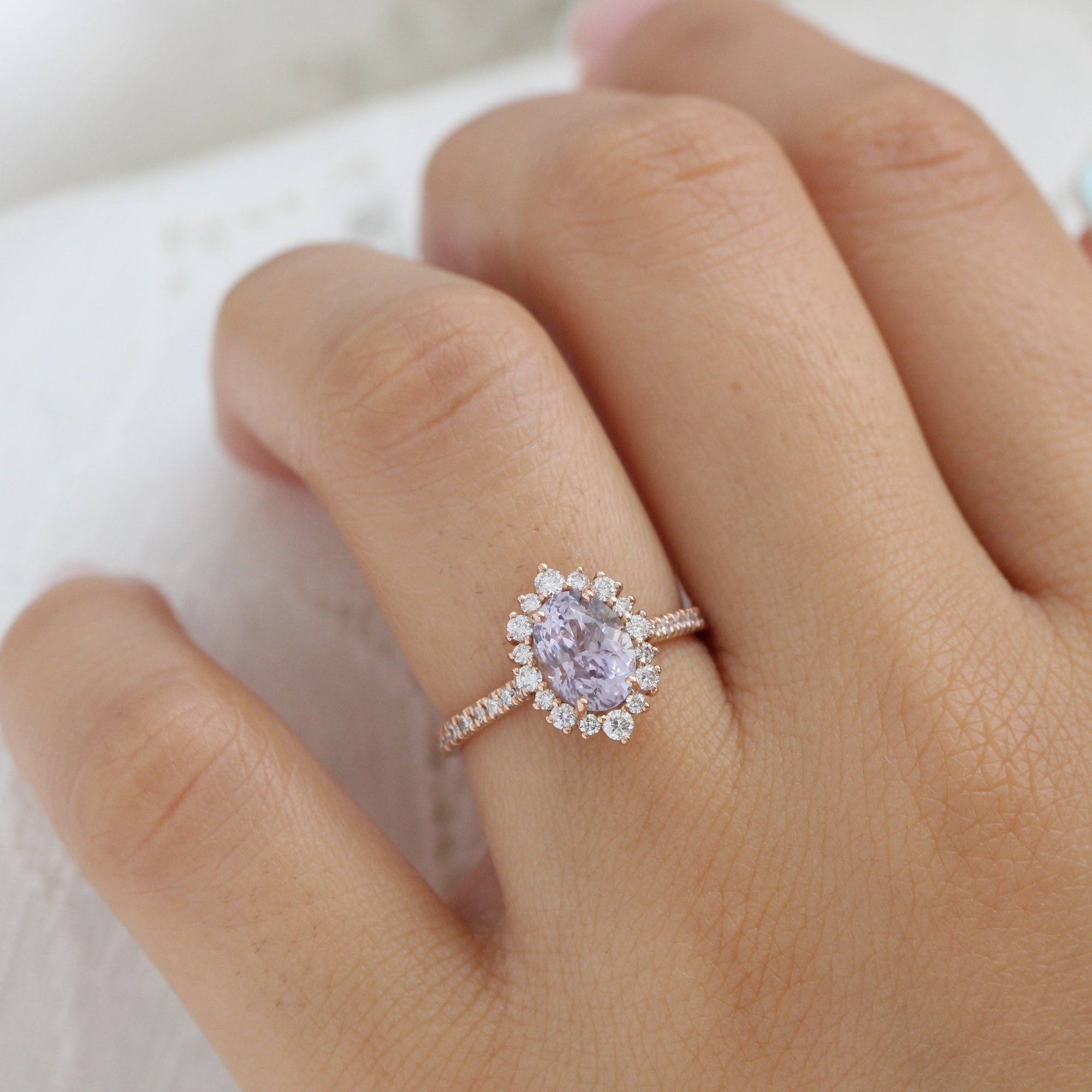 oval lavender sapphire ring rose gold halo diamond ring pave diamond band la more design jewelry