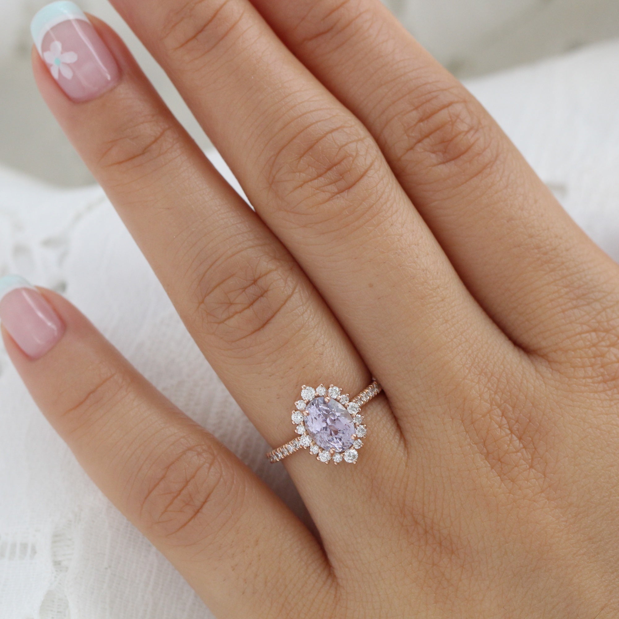 oval lavender sapphire ring rose gold halo diamond ring pave diamond band la more design jewelry