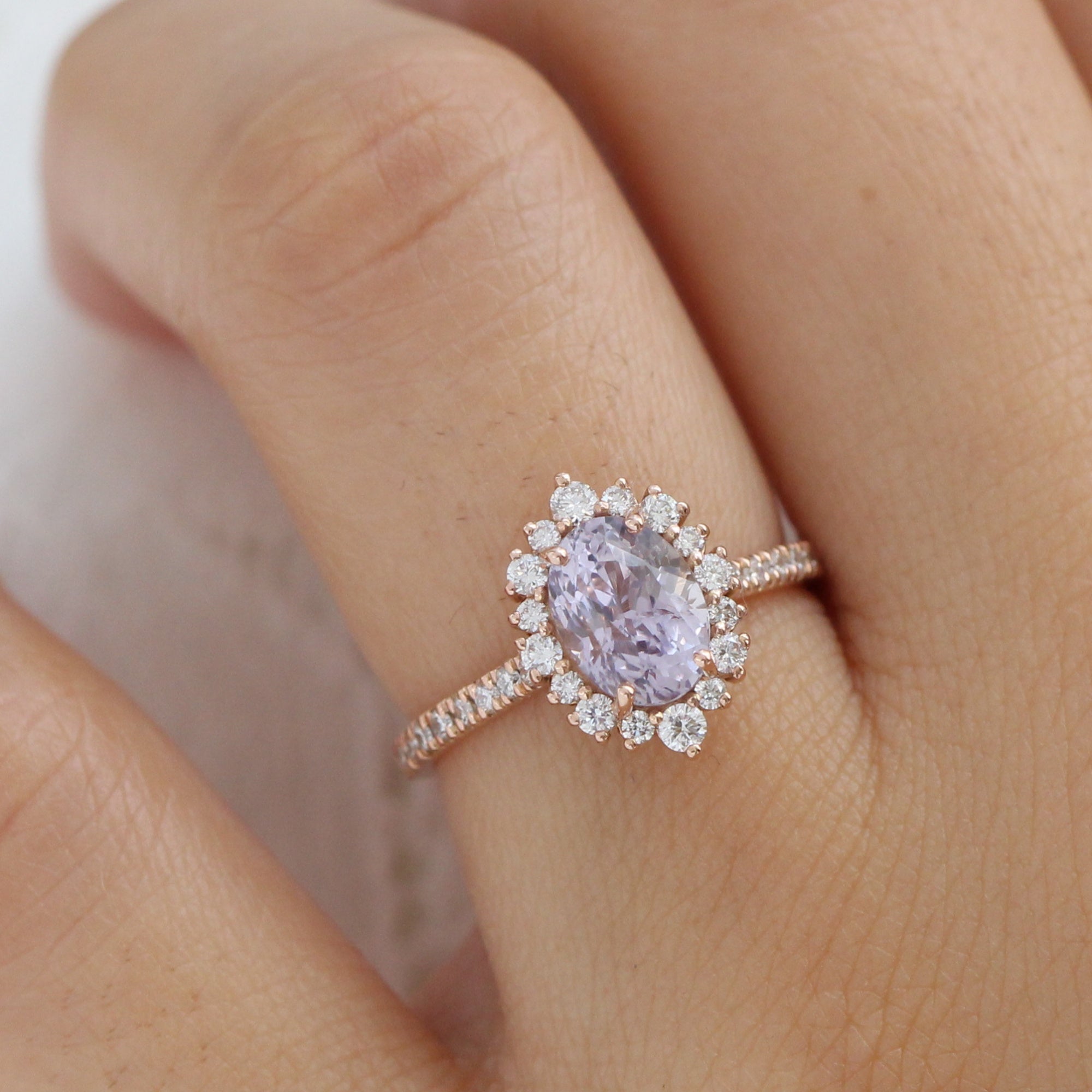 oval lavender sapphire ring rose gold halo diamond ring pave diamond band la more design jewelry