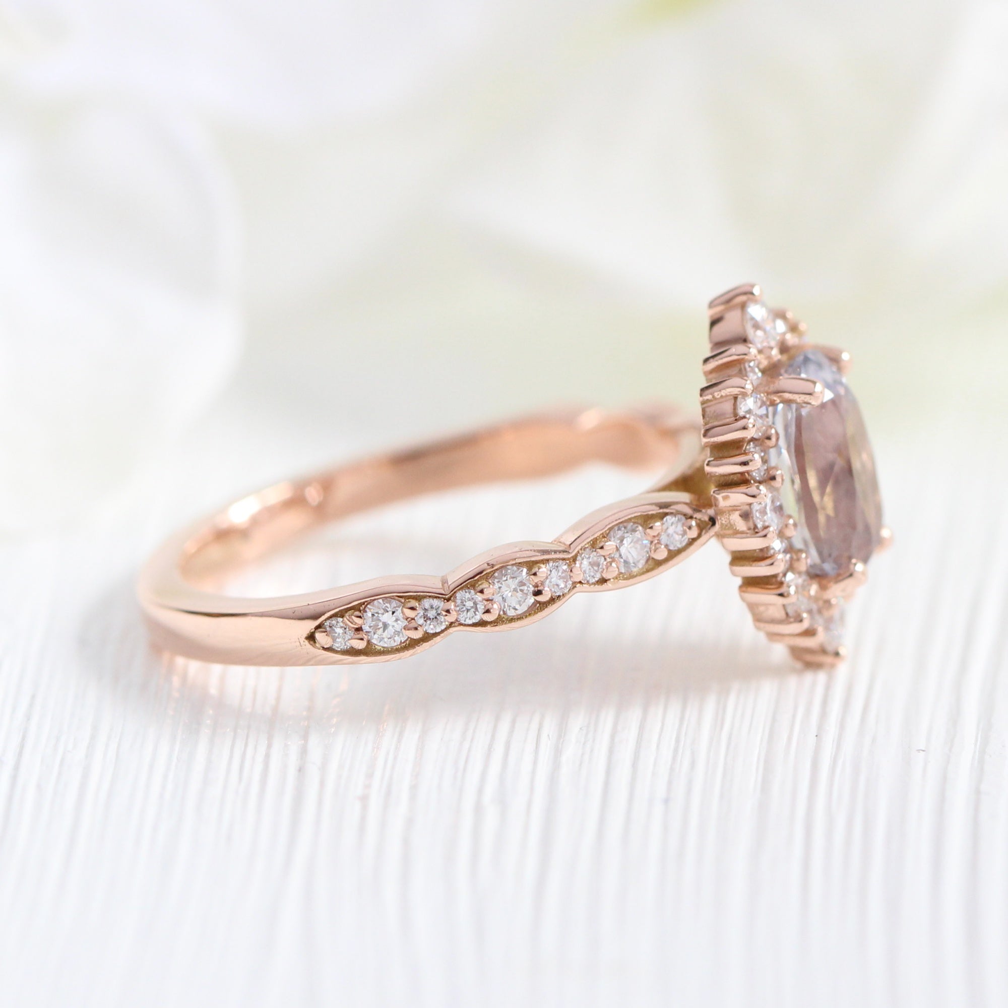 oval lavender sapphire ring rose gold halo diamond ring scalloped diamond band la more design jewelry