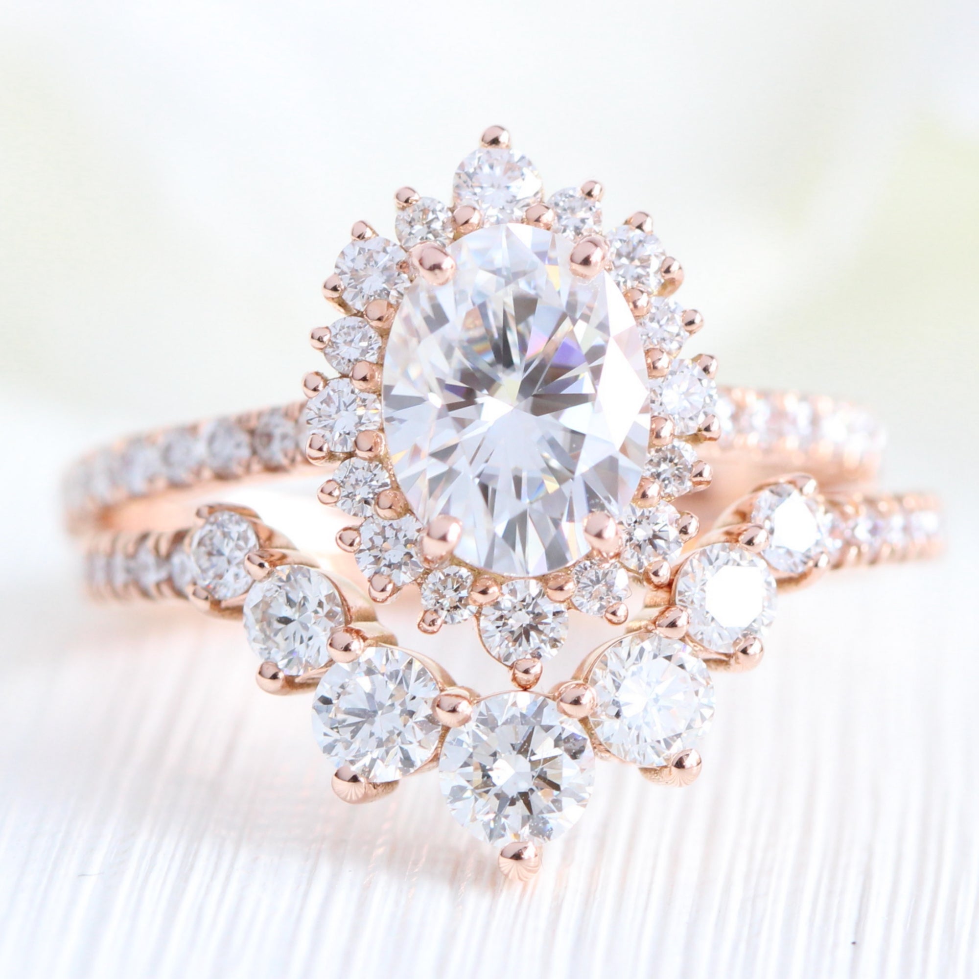 oval moissanite engagement ring rose gold U shaped diamond wedding ring stacking set la more design jewelry