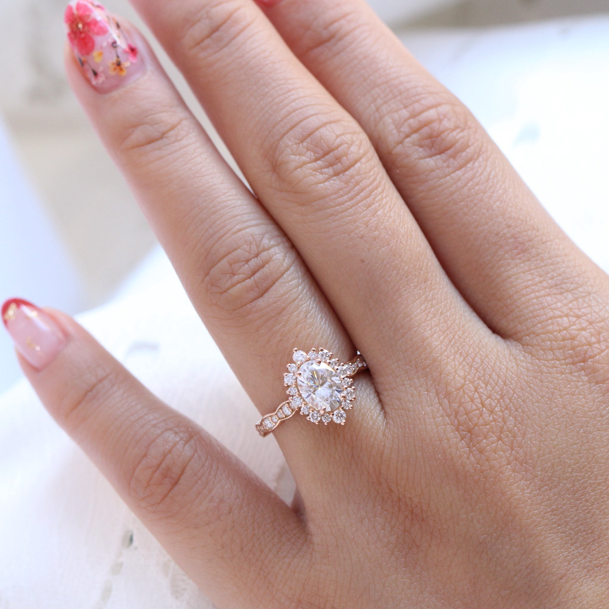 oval moissanite engagement ring rose gold in halo diamond cluster band by la more design jewelry