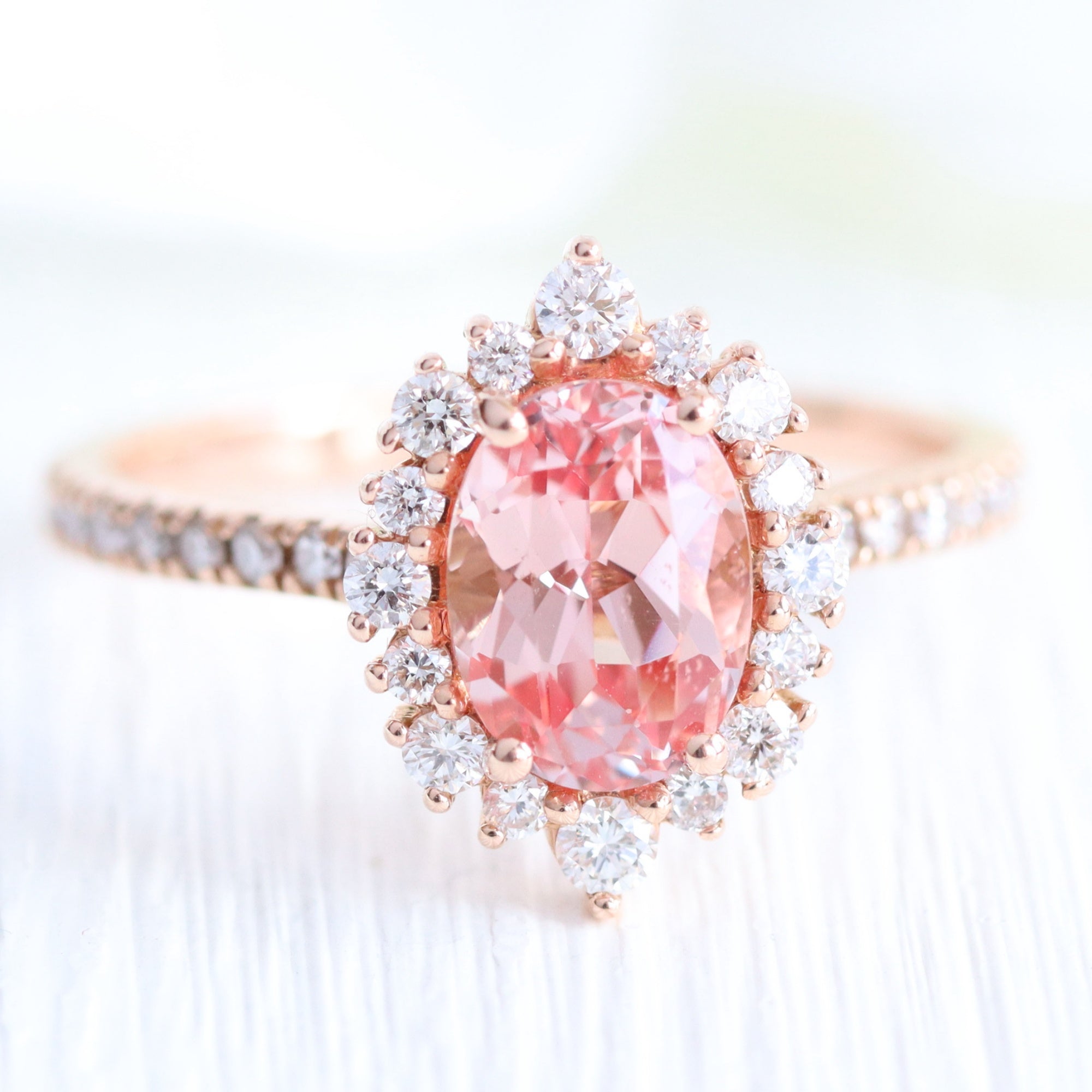 Vintage halo oval peach sapphire ring stack rose gold u shaped diamond wedding band la more design jewelry