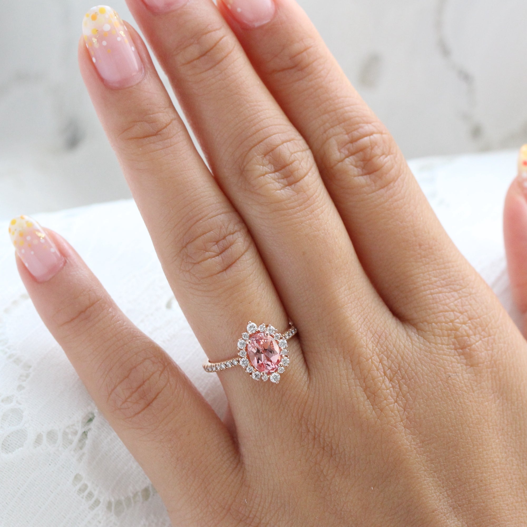 oval peach sapphire engagement ring rose gold halo diamond ring low profile ring by la more design jewelry