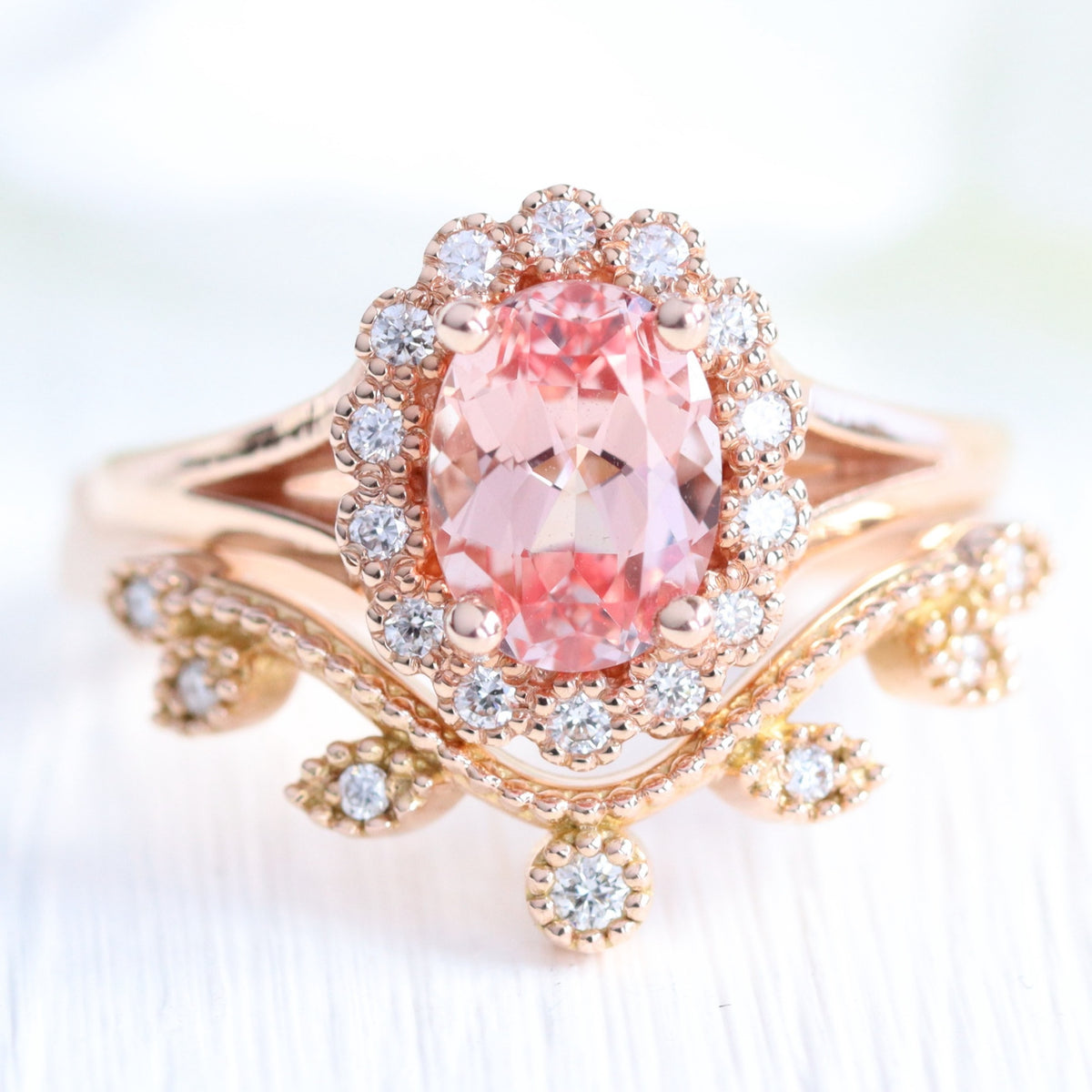 Peach Sapphire Ring and Rose Gold Curved Leaf Diamond Wedding Ring Set ...