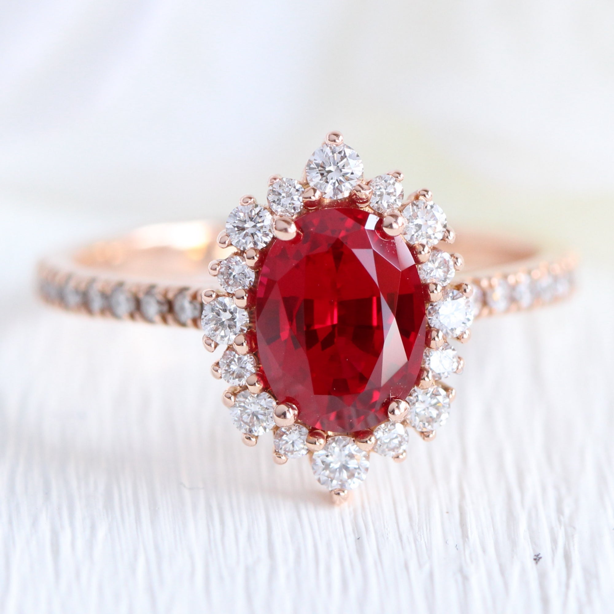 Halo diamond oval ruby ring stack rose gold eternity diamond wedding band la more design jewelry