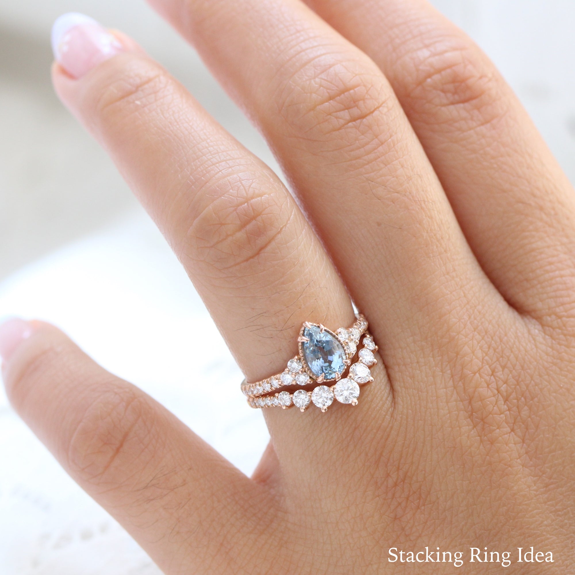 pear aqua blue sapphire ring rose gold 3 stone engagement ring la more design jewelry