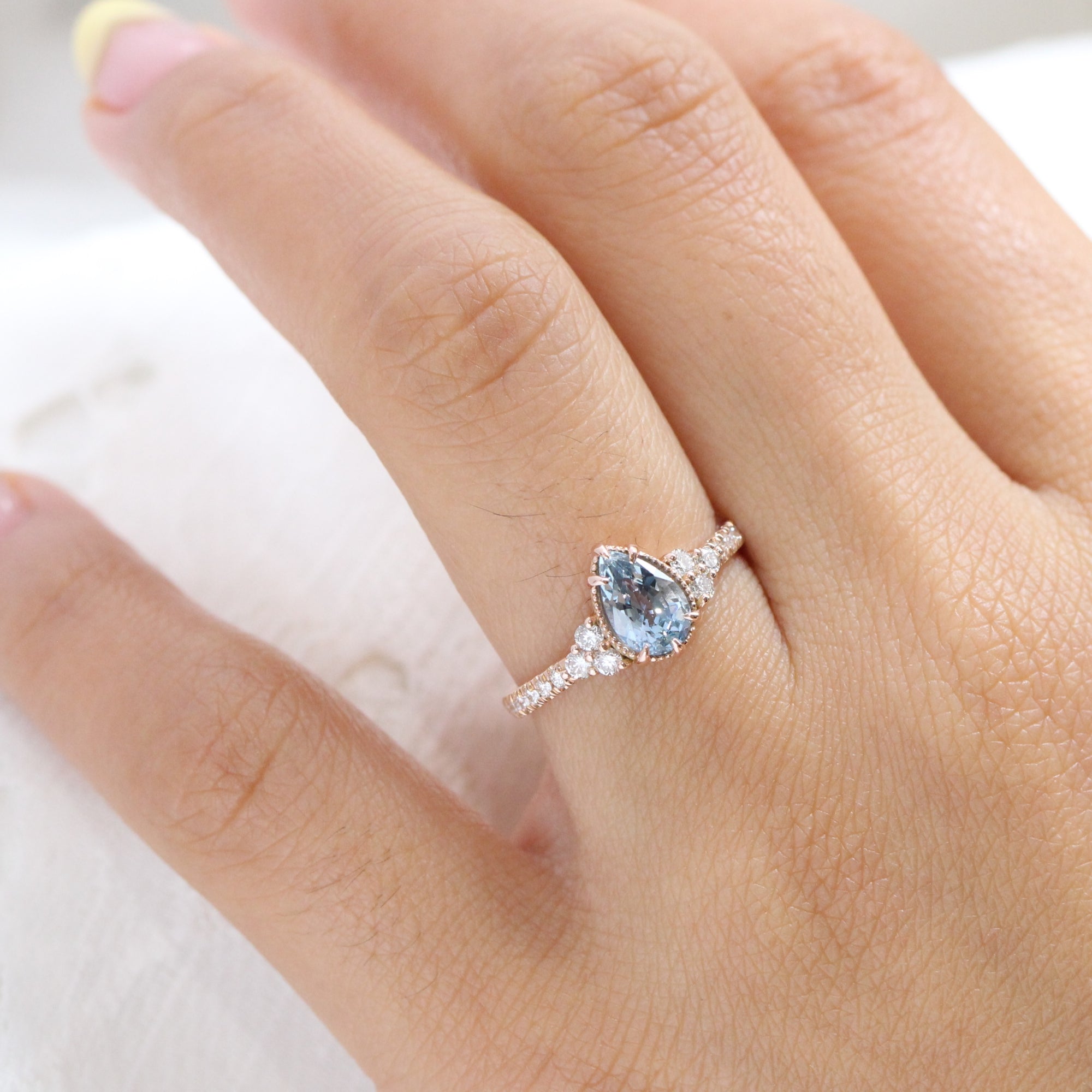 pear aqua blue sapphire ring rose gold 3 stone engagement ring la more design jewelry