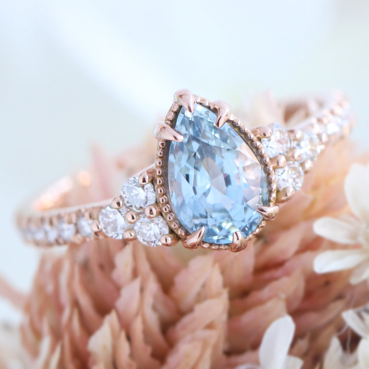 Pear Blue Sapphire Diamond Engagement Ring Rose Gold 3 Stone Ring | La ...