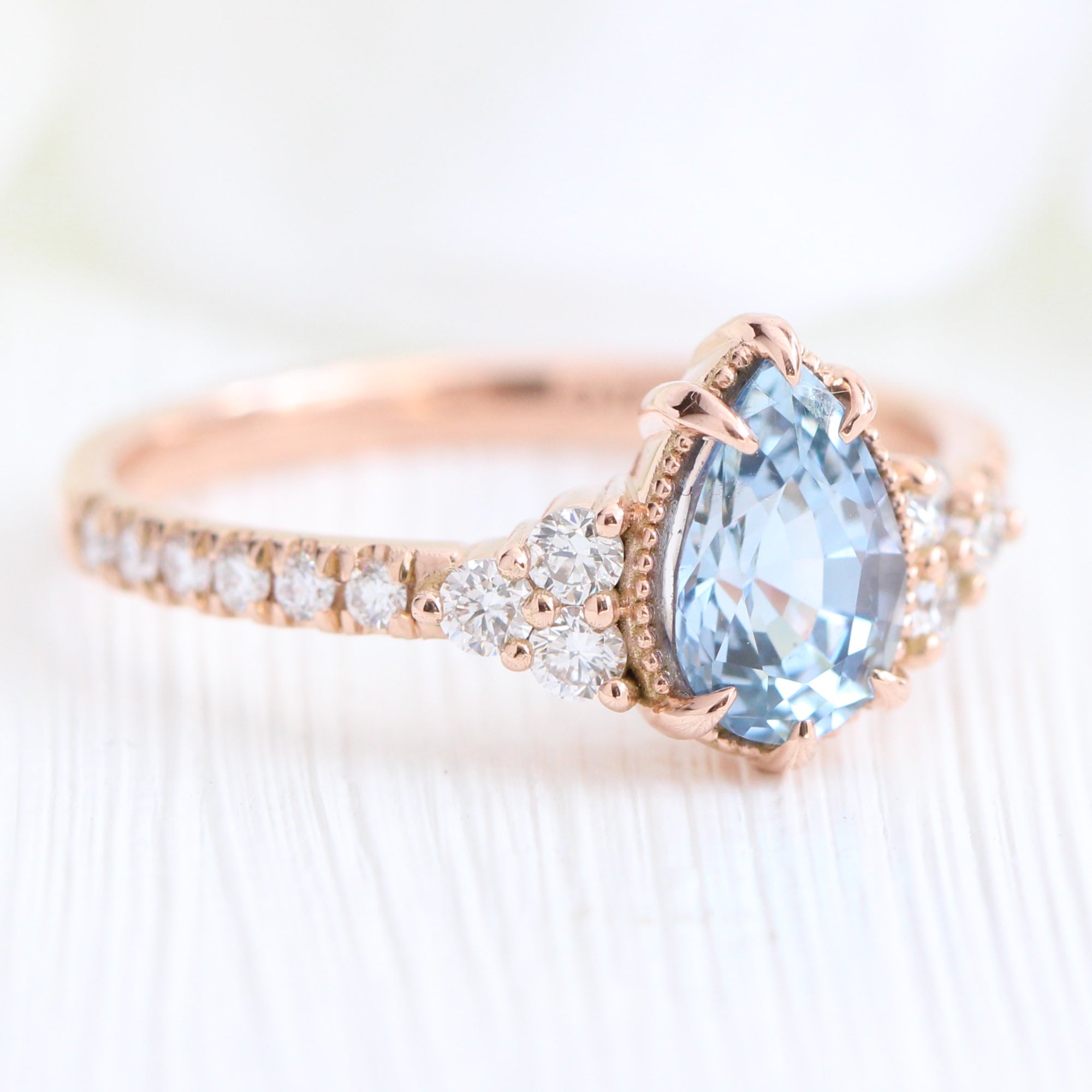 pear aqua blue sapphire ring rose gold 3 stone engagement ring la more design jewelry