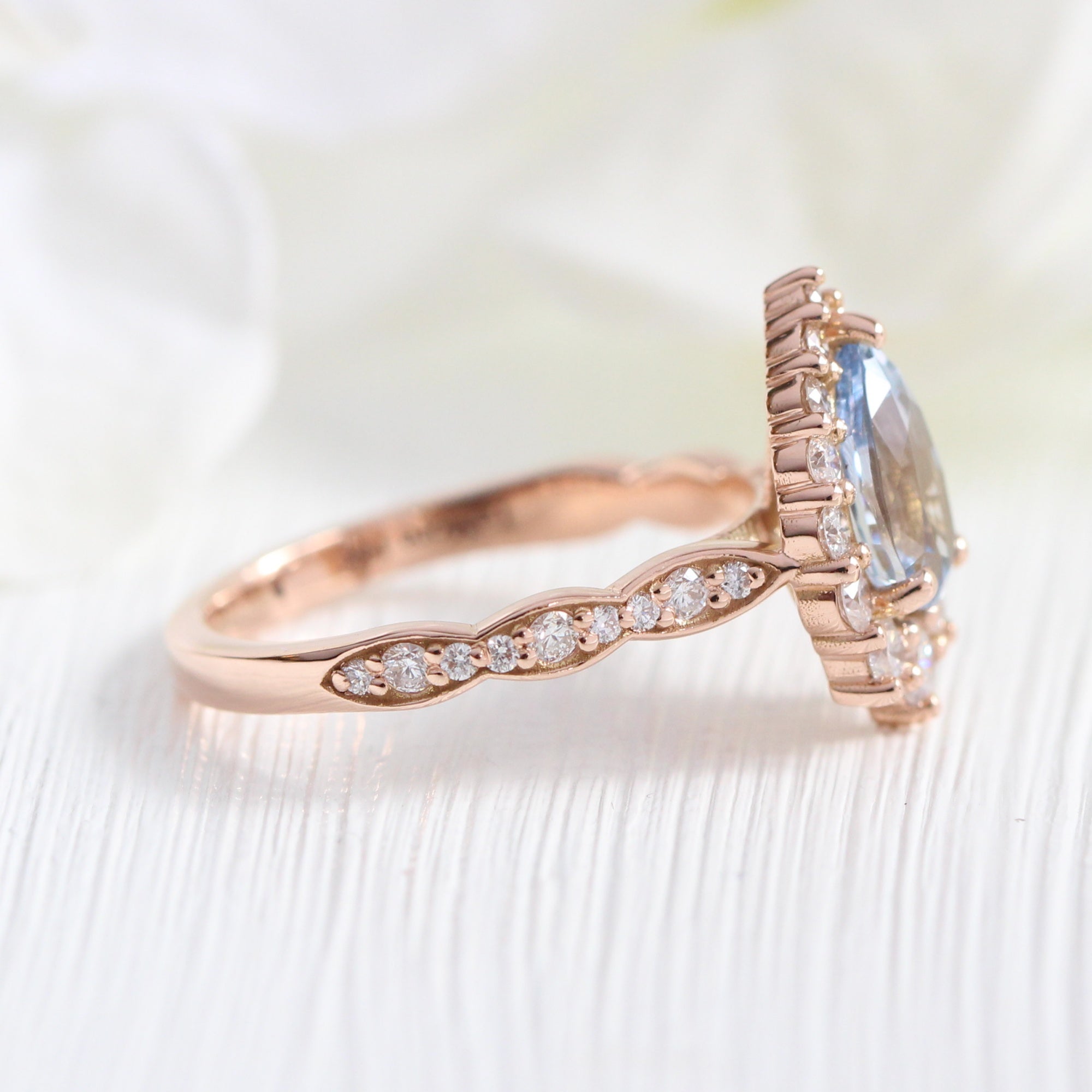 pear aqua blue sapphire ring rose gold halo diamond ring scalloped diamond band la more design jewelry