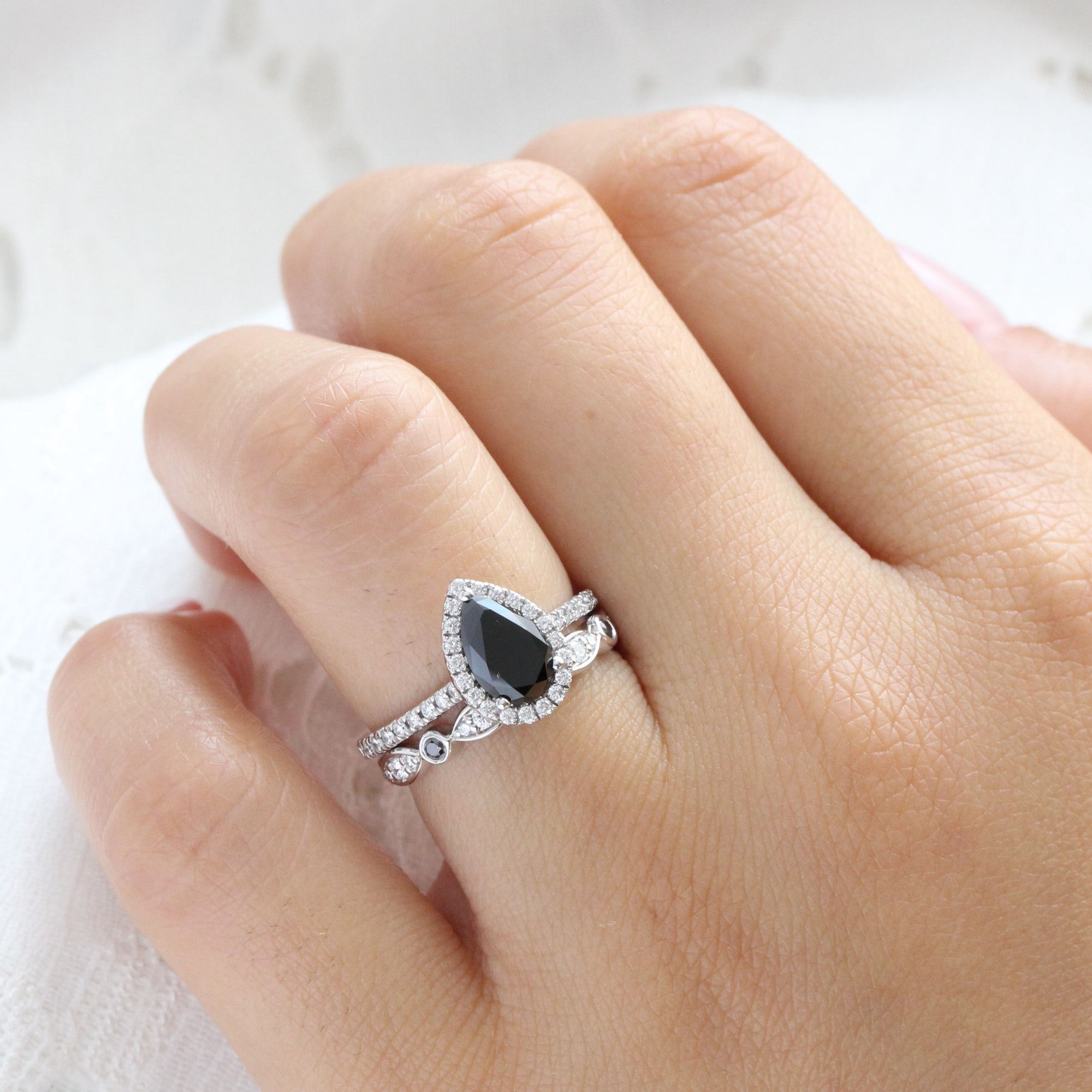 pear black diamond engagement ring in white gold halo diamond ring bridal set by la more design jewelry