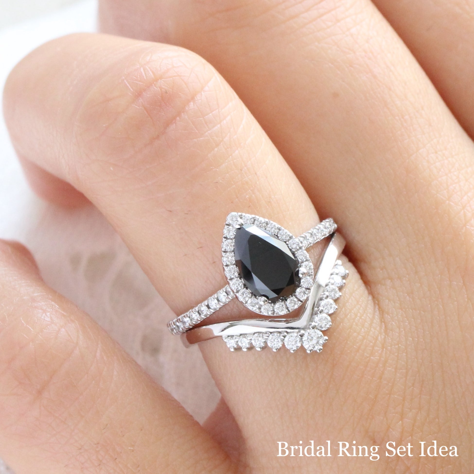 Natural Pear Black Diamond Engagement Ring White Gold Halo Diamond