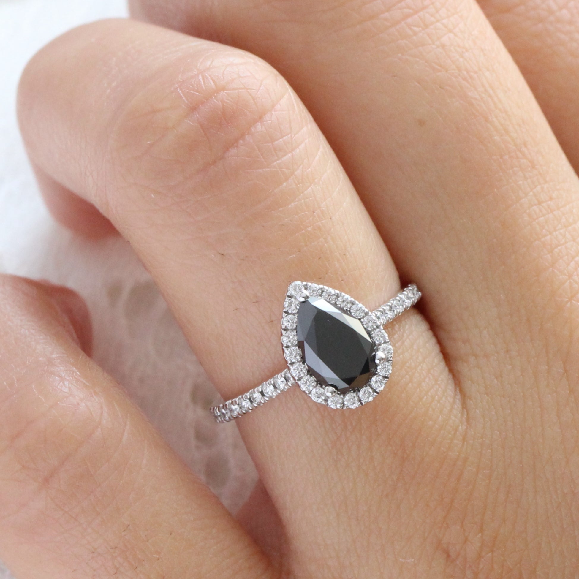 pear black diamond engagement ring in white gold halo diamond ring by la more design jewelry