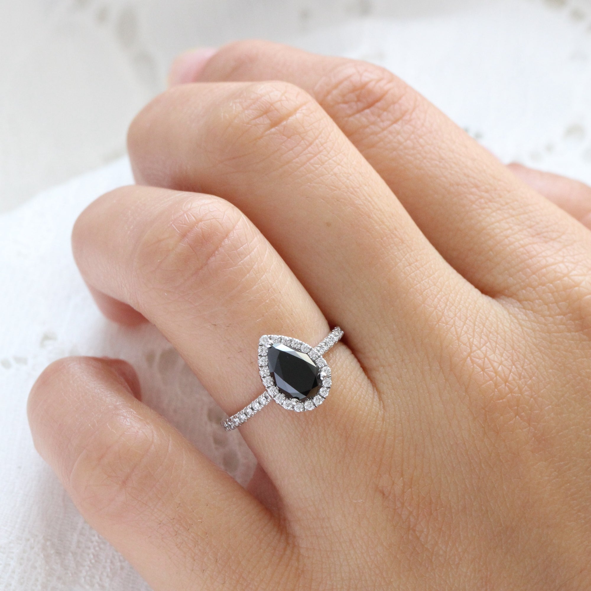 pear black diamond engagement ring in white gold halo diamond ring by la more design jewelry